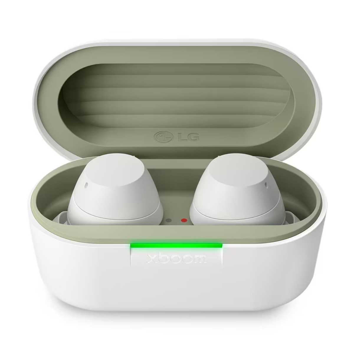 Weiße LG Xboom In-Ear-Kopfhörer in offenem Ladecase mit grünem Interieur und leuchtender LED.