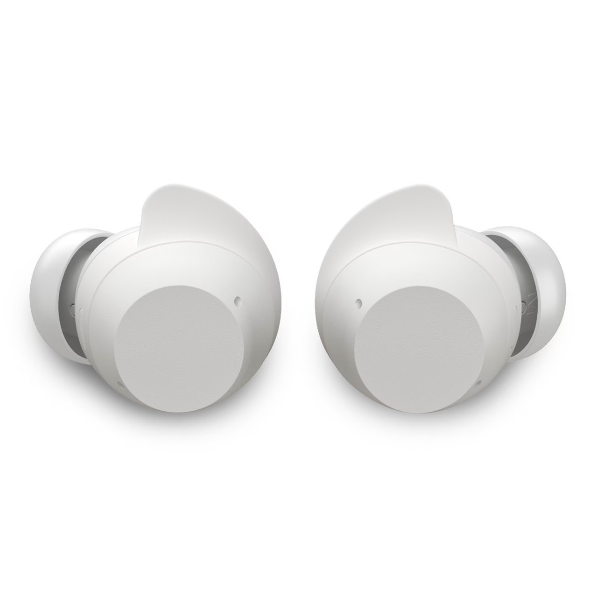 Zwei weiße In-Ear-Kopfhörer mit Ohrbügeln auf weißem Hintergrund.