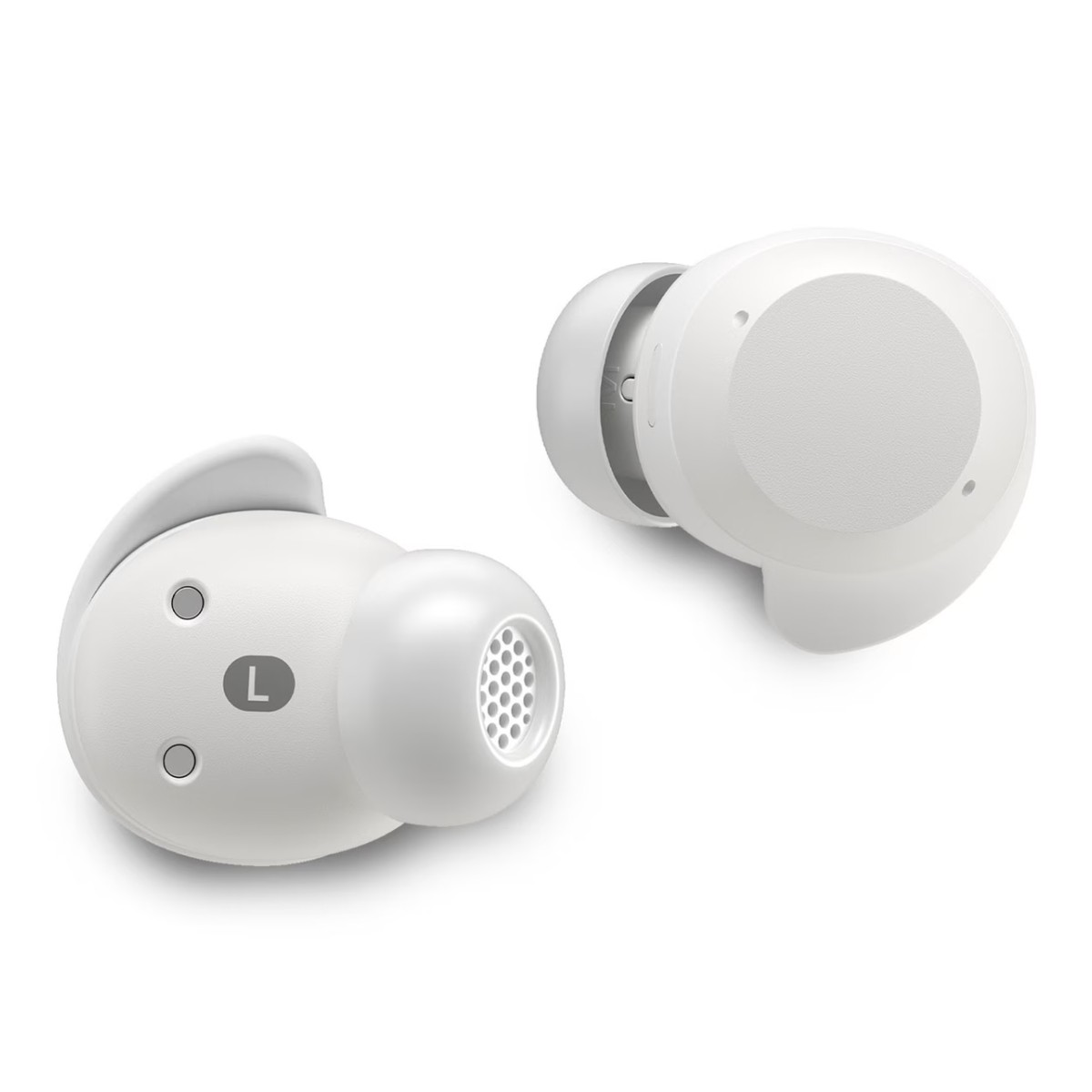 Zwei weiße kabellose In-Ear-Kopfhörer vor einem schlichten weißen Hintergrund.