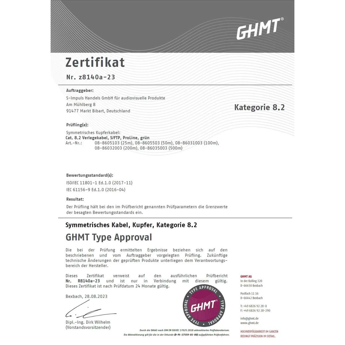 GHMT-Zertifikat Nr. z8140a-23 für symmetrisches Kupferkabel Kategorie 8.2 mit Typgenehmigung und Prüfdetails.