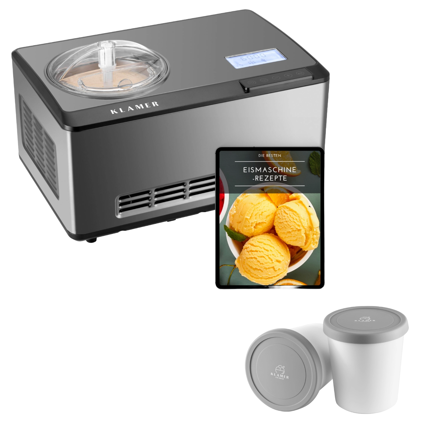 Edelstahl-Eismaschine mit digitalem Display, Rezeptbuch und zwei weißen Eisbehältern.
