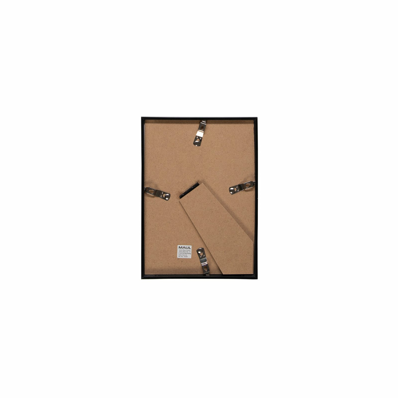 Rückseite eines schwarzen Bilderrahmens mit brauner MDF-Platte, Ständer und Metallklammern.