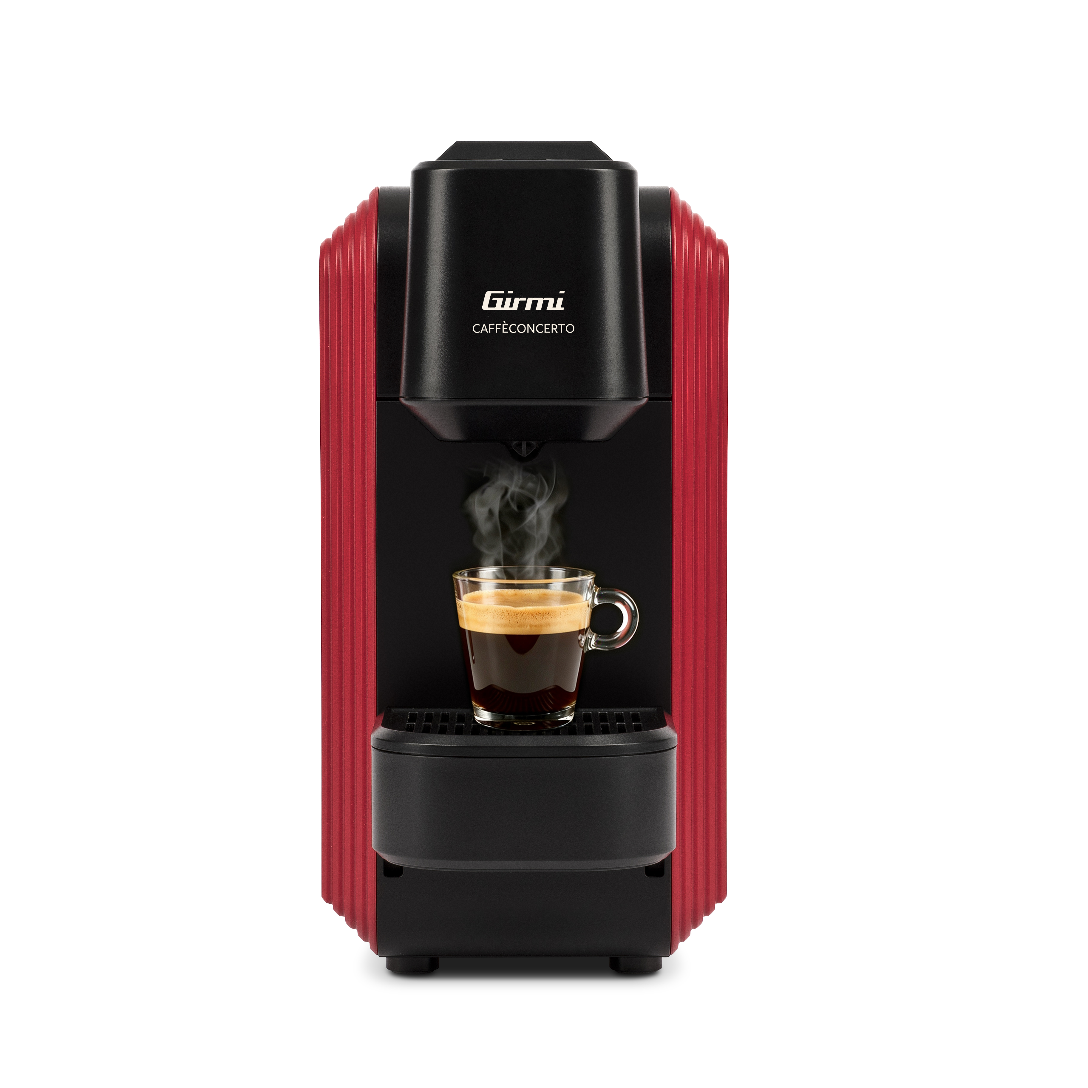 Eine schwarz-rote Girmi-Espressomaschine brüht Kaffee in eine transparente Tasse mit aufsteigendem Dampf.