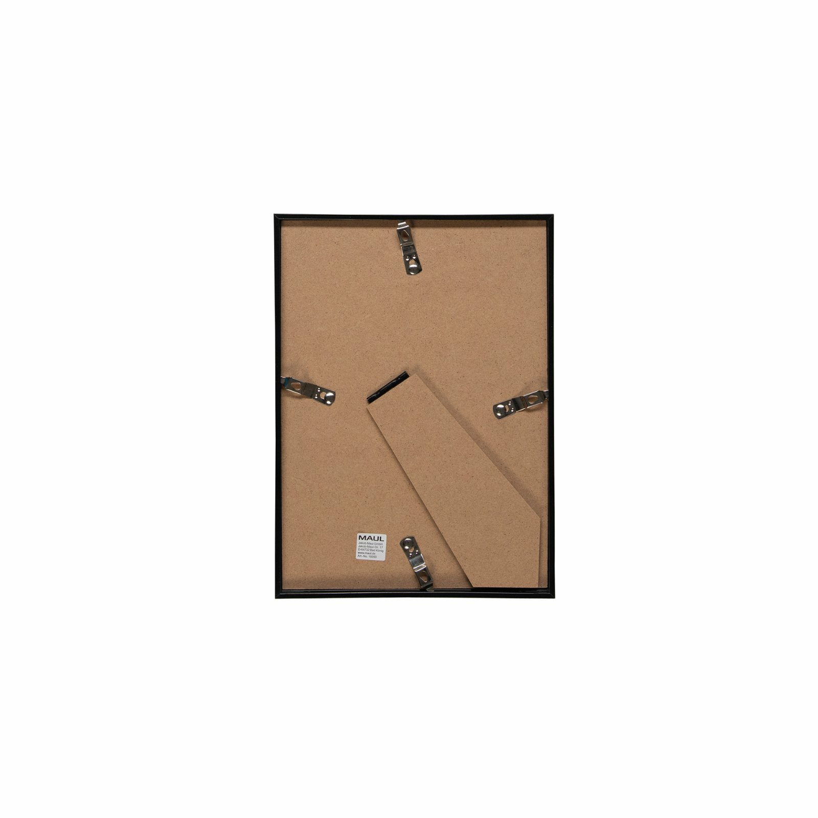 Rückseite eines schwarzen Bilderrahmens mit Holzplatte und Standfuß.