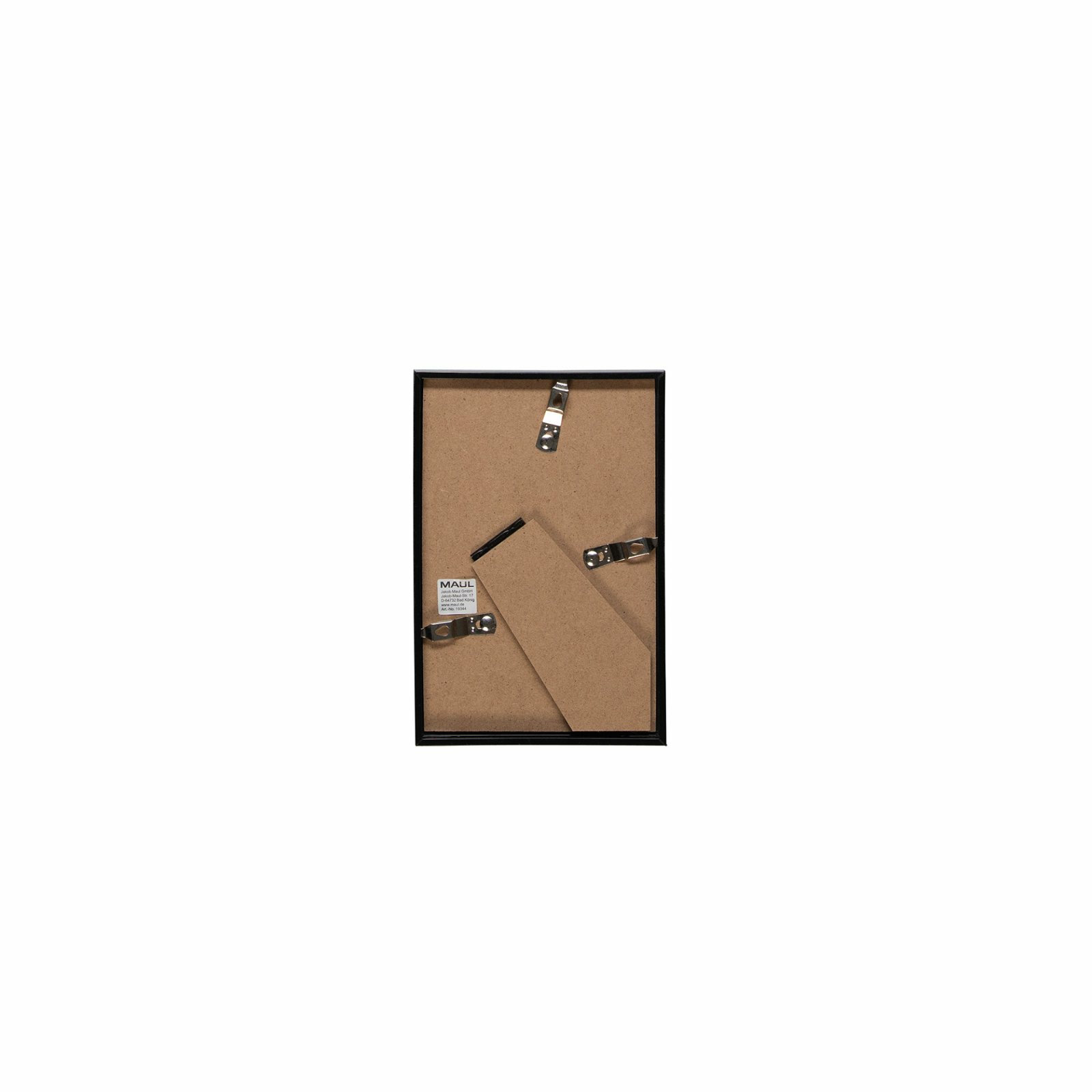Rückseite eines schwarzen Bilderrahmens mit brauner Pappwand und Ständer auf weißem Hintergrund.