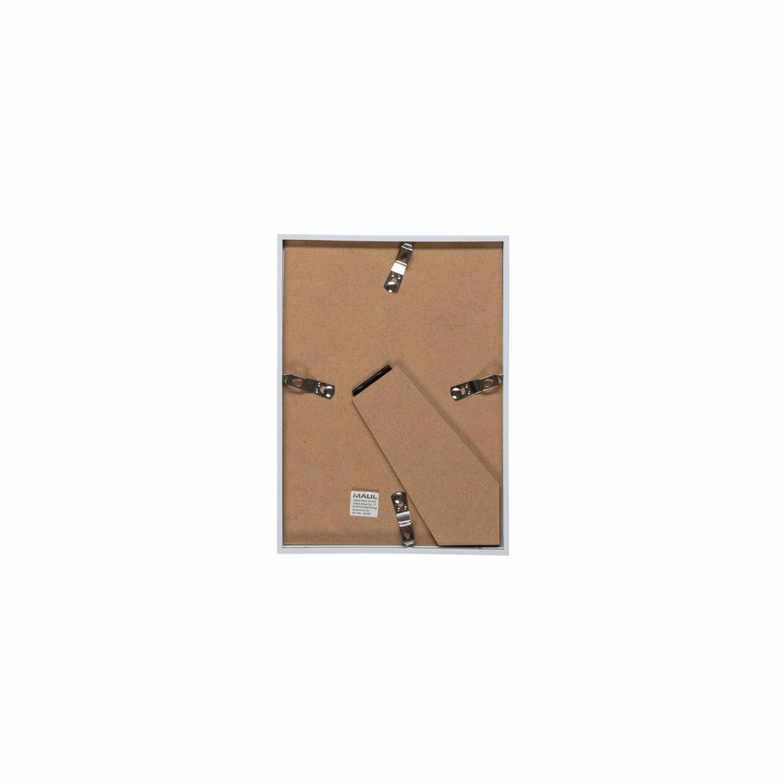 Rückansicht eines rechteckigen weißen Bilderrahmens mit Papprückwand, Ständer und Metallklammern auf weißem Grund.
