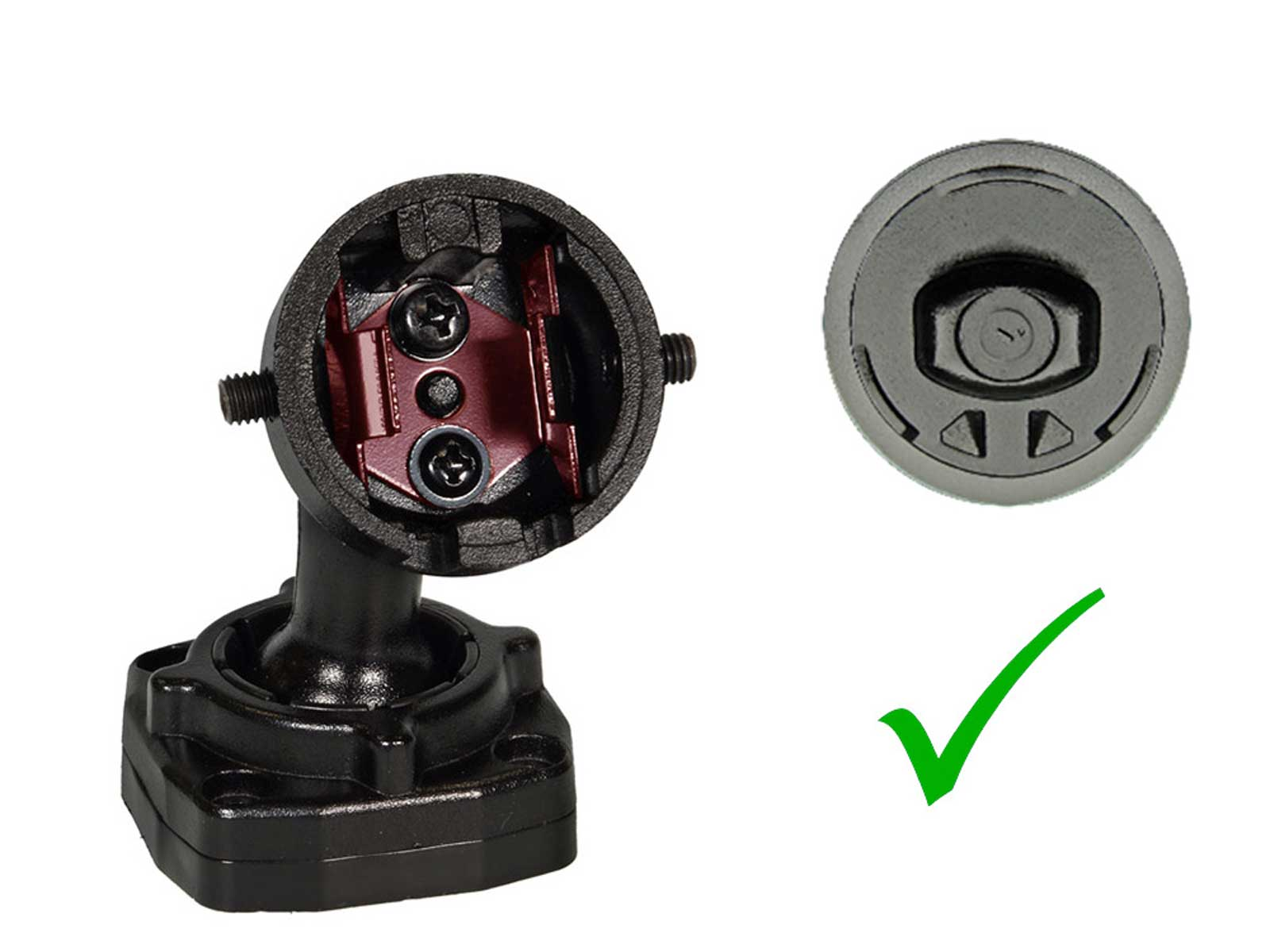 Schwarze Metallhalterung mit einem runden Kopf auf einem quadratischen Sockel, daneben ein Deckel und ein grünes Häkchen.