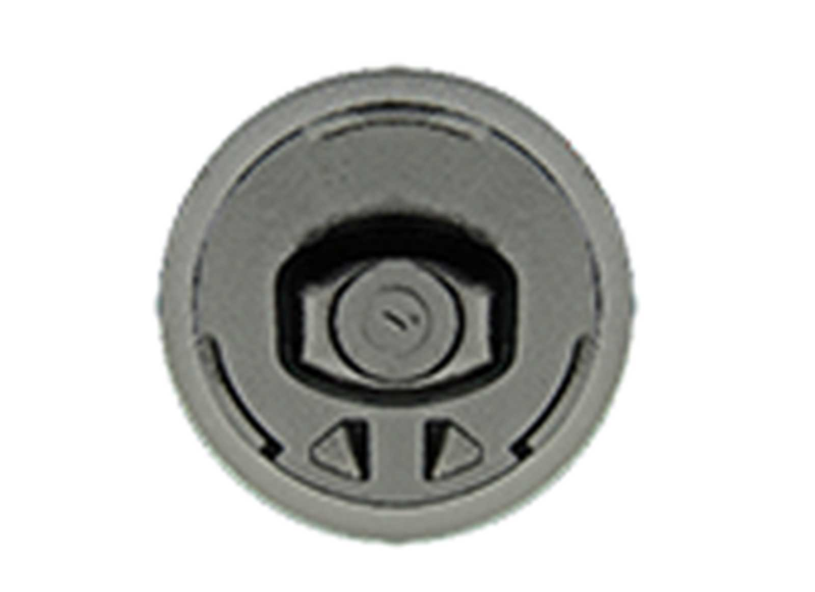 Ein graues, rundes Bauteil mit zentralem Drehknopf und kleinen Pfeilsymbolen.