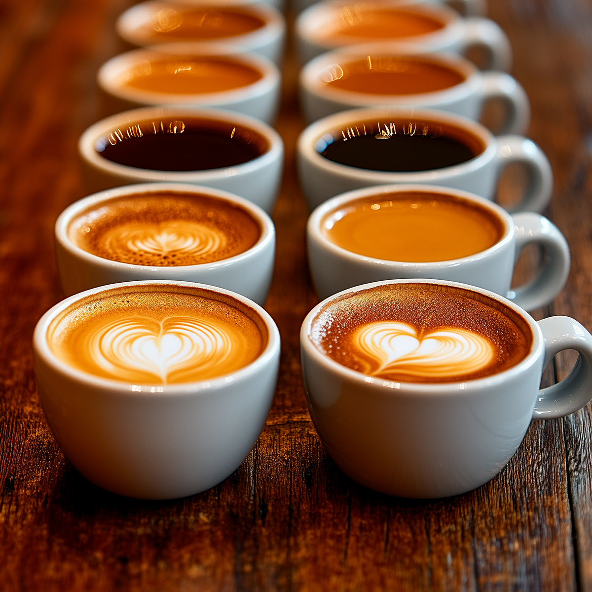 Due file di tazze bianche con latte art e vari caffè su un tavolo in legno.