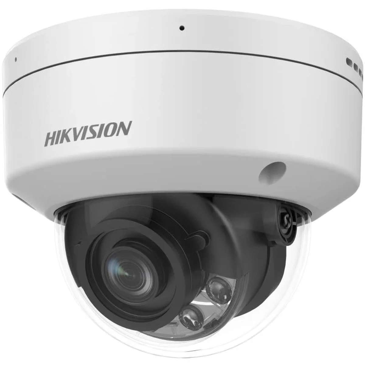 Una telecamera di sicurezza Hikvision bianca con lente nera.