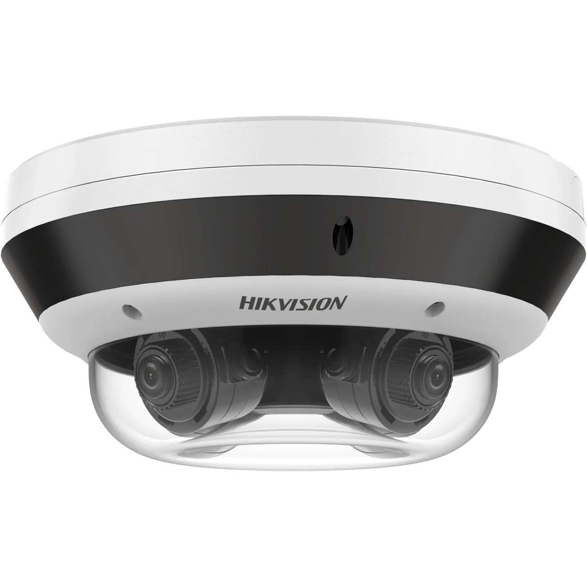 Weiße Hikvision Überwachungskamera mit zwei Linsen in einer transparenten Kuppel.