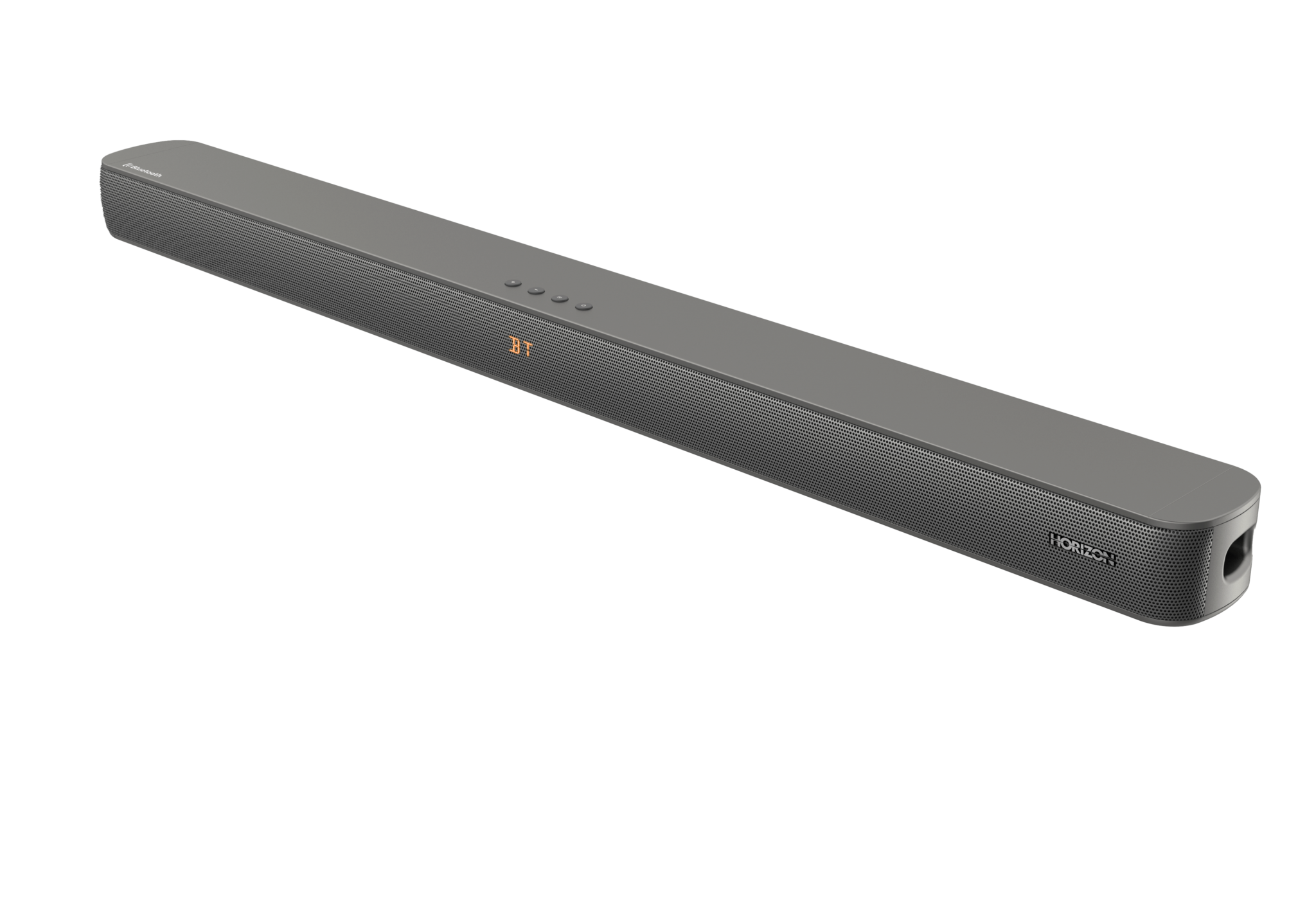 A sleek dark grey Horizon soundbar on a black background, featuring a lit BT indicator and control buttons.