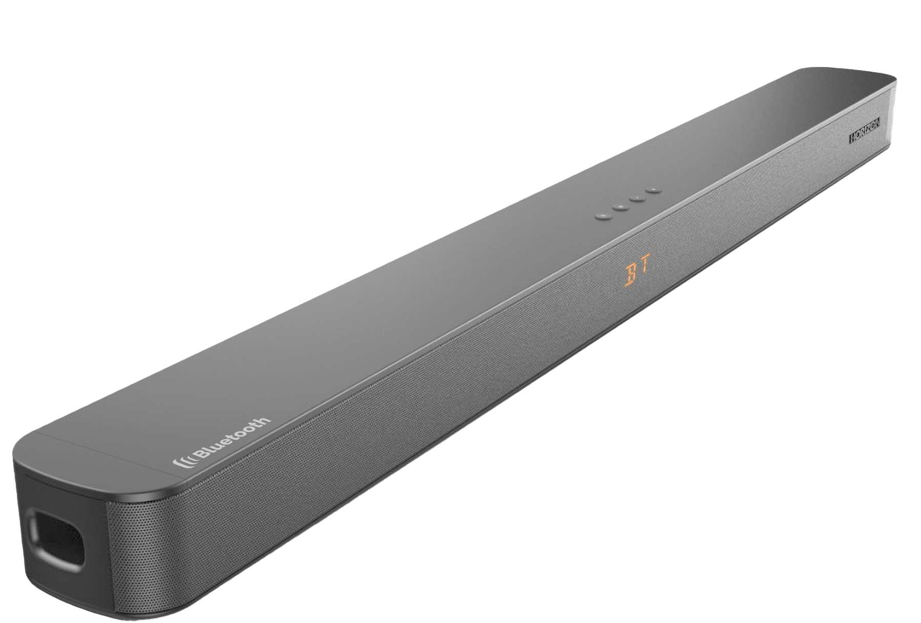 A gray Bluetooth soundbar with white text and an orange display on a black background.
