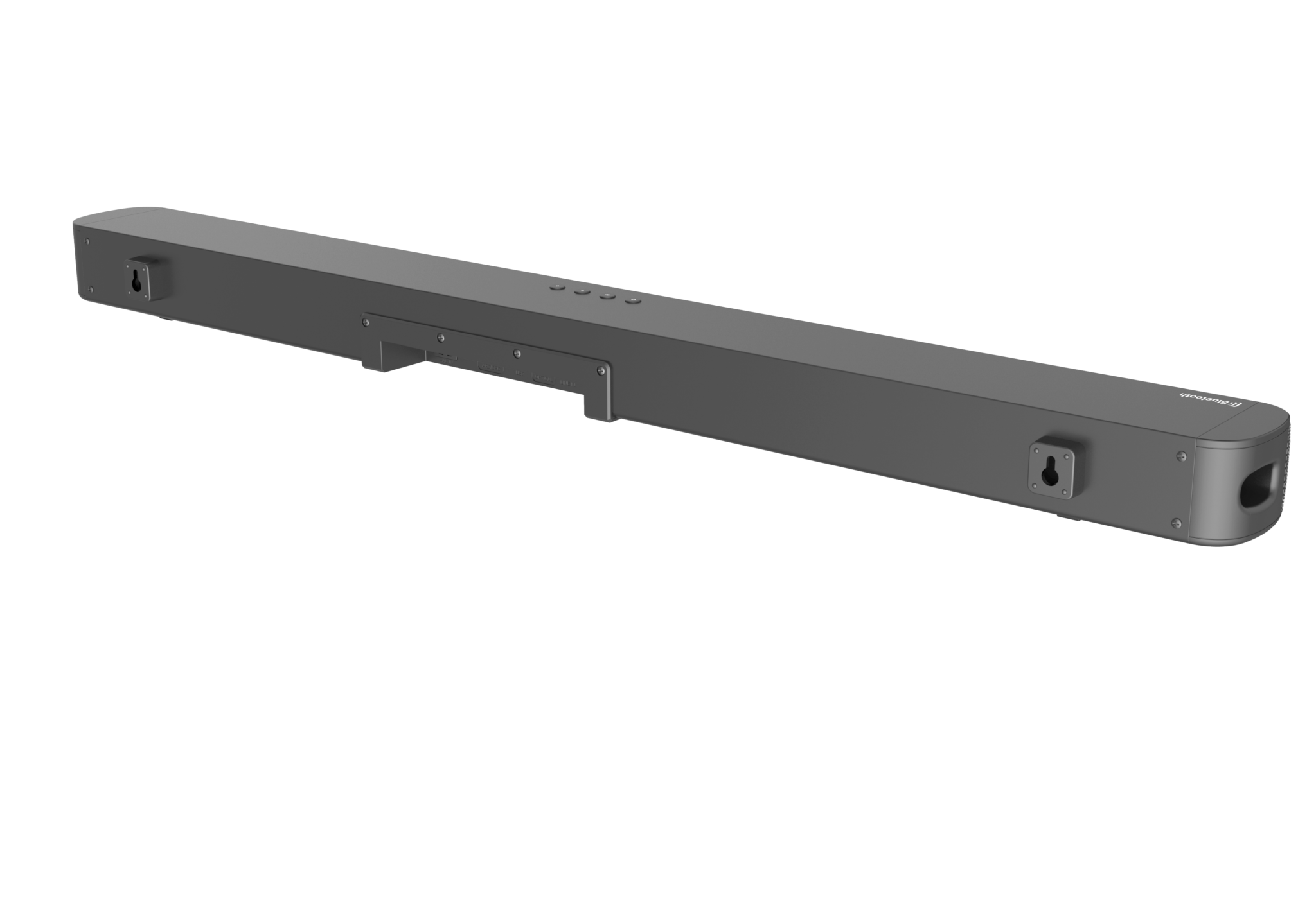Grey soundbar against a black background with wall mount brackets on the back.