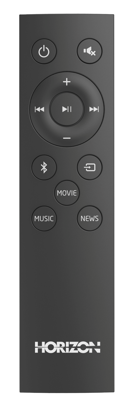 A black Horizon remote control with round buttons for media, volume, and functions on a dark background.