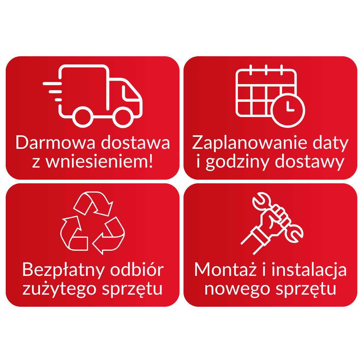 Cztery czerwone ikony z białymi konturami przedstawiające dostawę, harmonogram, recykling i montaż z polskim tekstem.