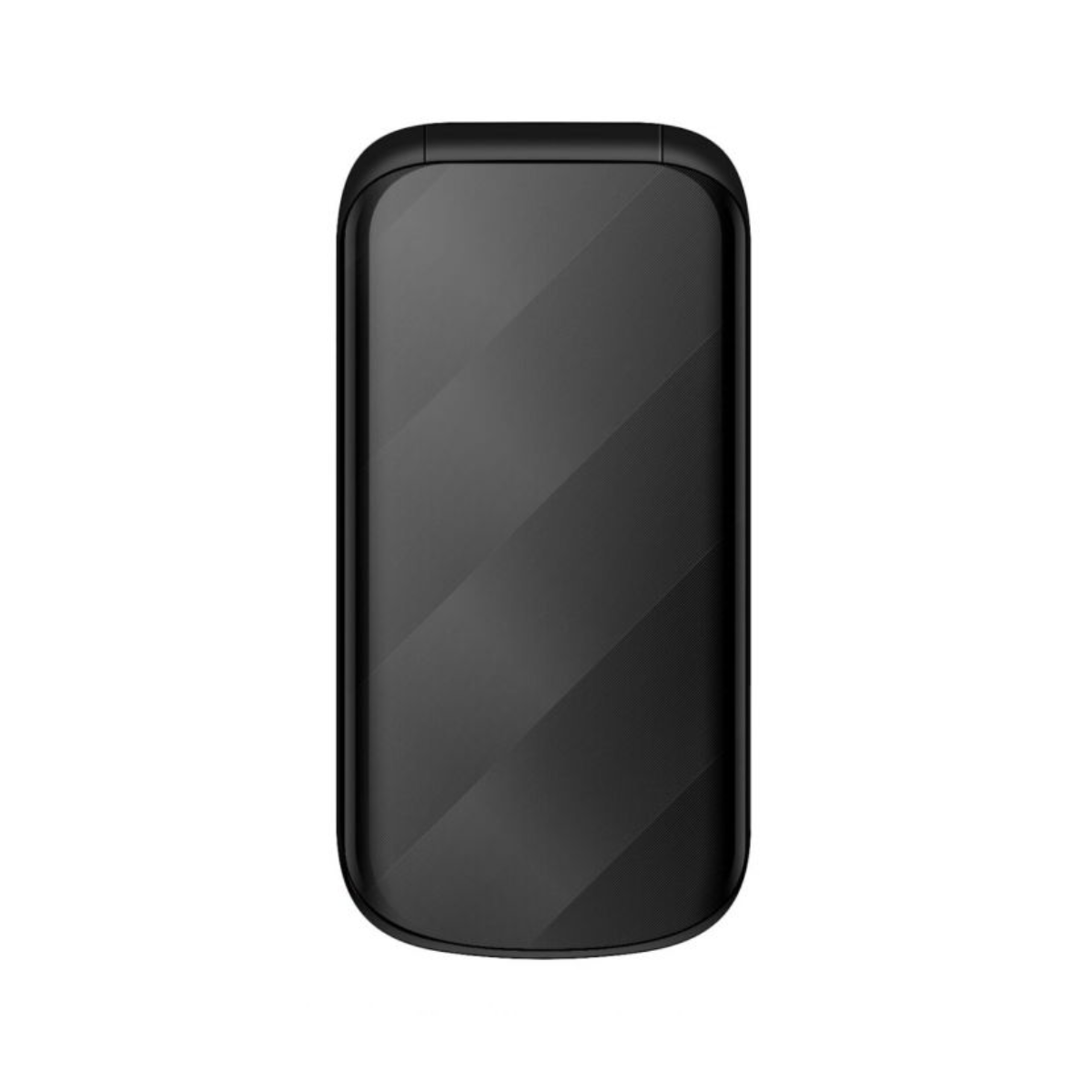 Zamknięty czarny telefon z klapką na białym tle.
