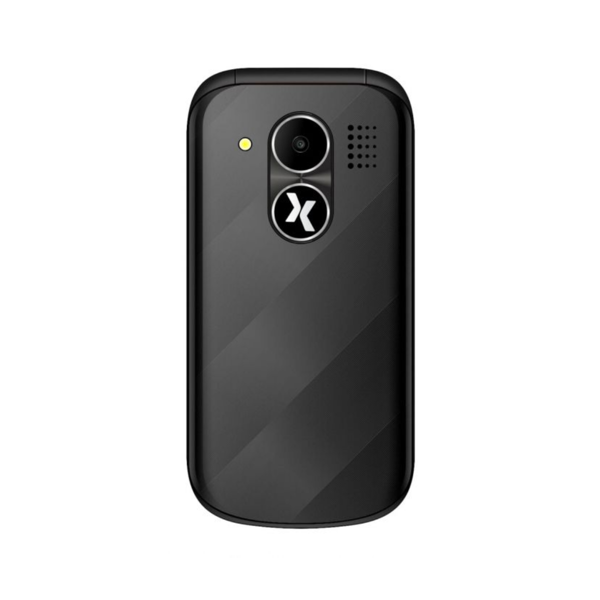 Tył czarnego telefonu z klapką z aparatem, lampą błyskową, głośnikiem i białym logo X.
