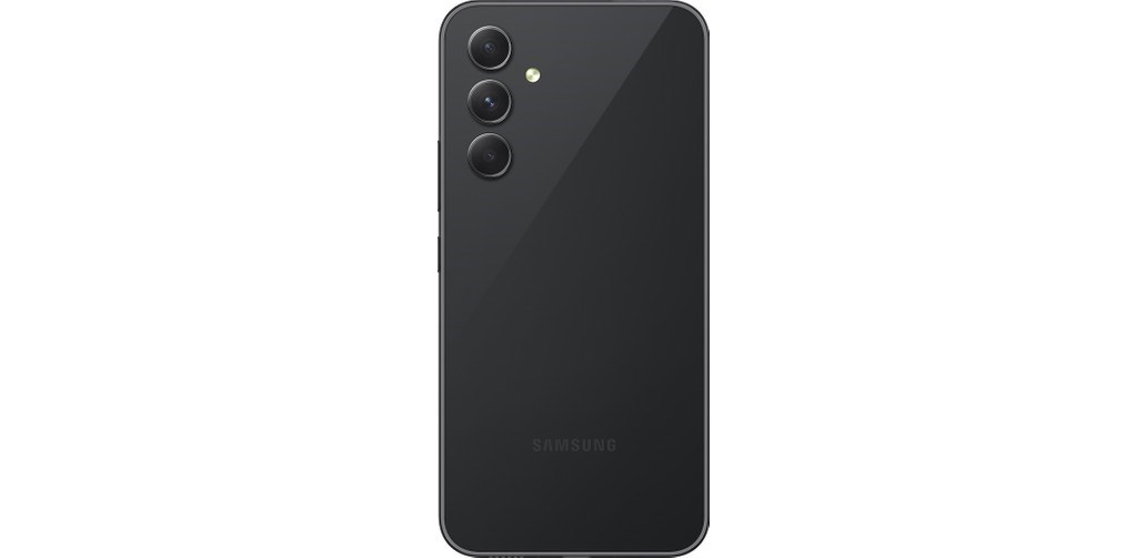 Üç dikey kamerası ve flaşı olan koyu gri bir Samsung akıllı telefonun arkası.