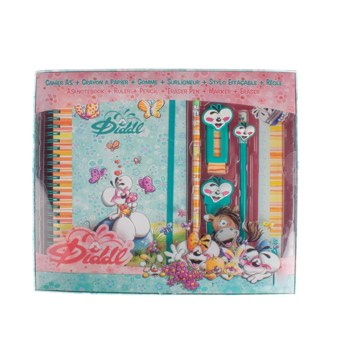 Ein buntes Diddl Schreibwarenset in einer Schachtel mit Notizbuch, Bleistift, Radiergummi, Stift und Lineal.