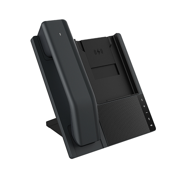 Ein schwarzes Tischtelefon mit schnurlosem Hörer, Lautsprechergitter und integrierter Ladefläche.