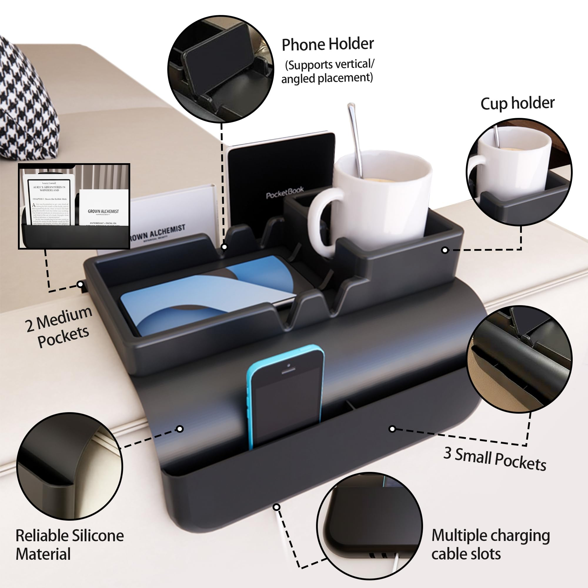 Schwarzer Silikon-Sofa-Organizer mit Handy-, Becher- und Buchhaltern, plus Detailzooms.