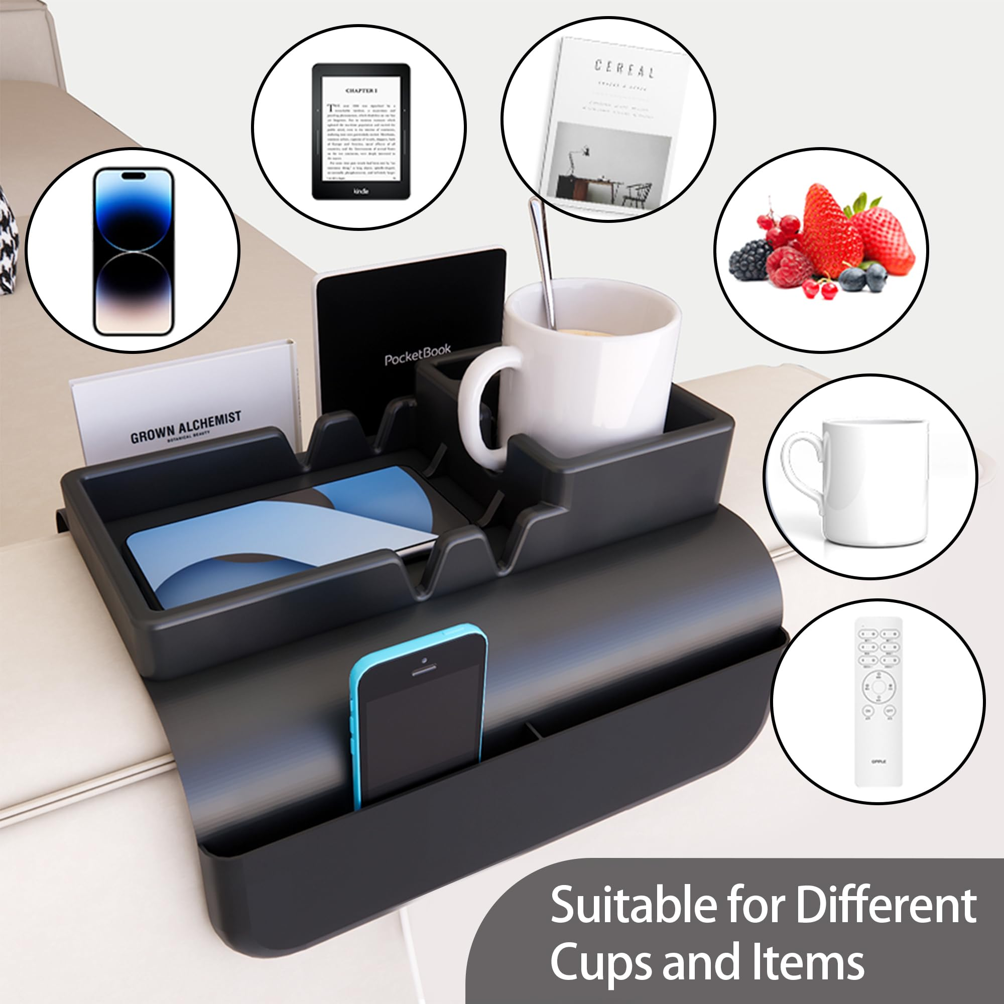 Schwarzer Sofatisch mit Becher, Smartphone und E-Reader, umgeben von kreisförmigen Beispielen.