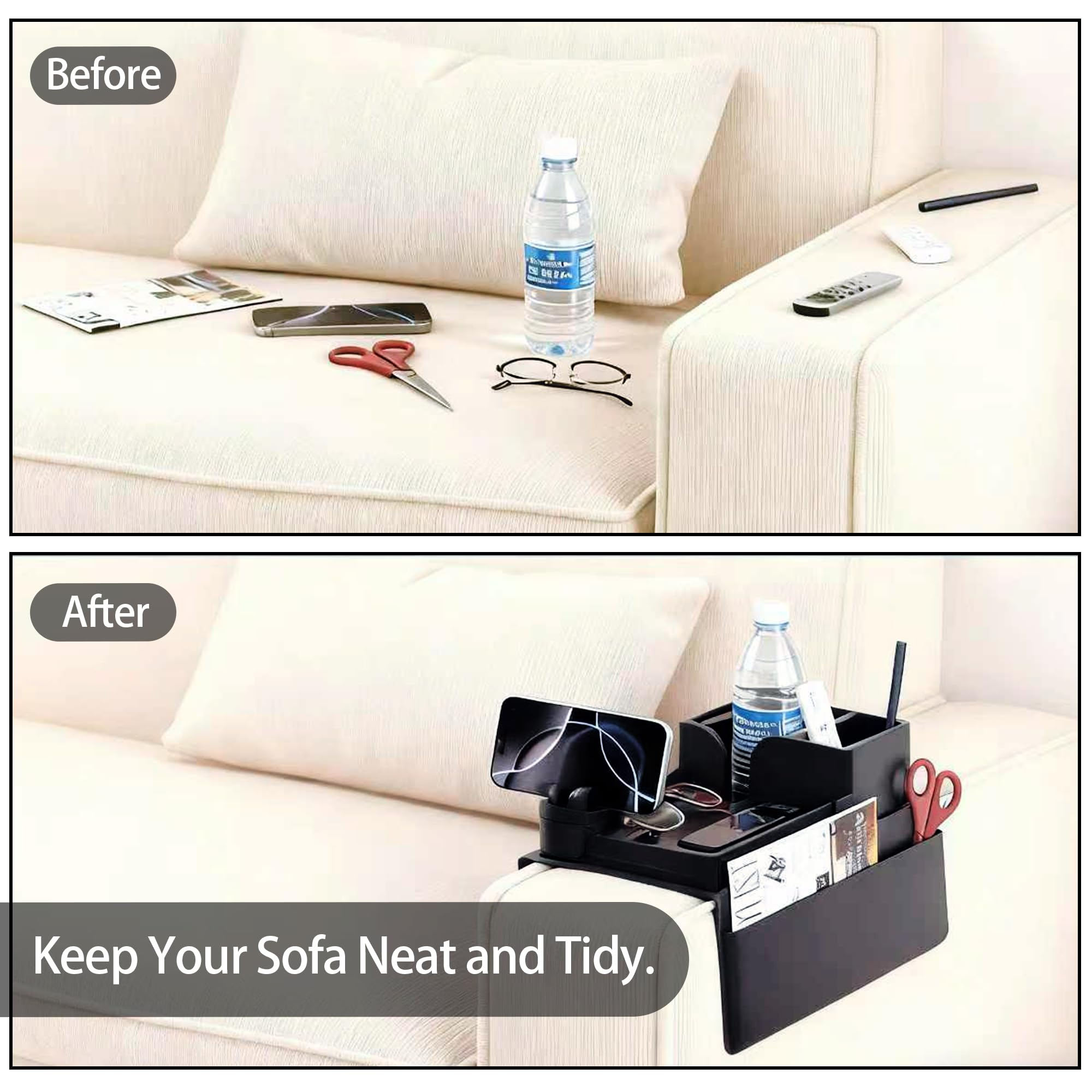Vergleichsbilder vor und nach der Verwendung eines schwarzen Sofa-Armlehnen-Organizers für mehr Ordnung.