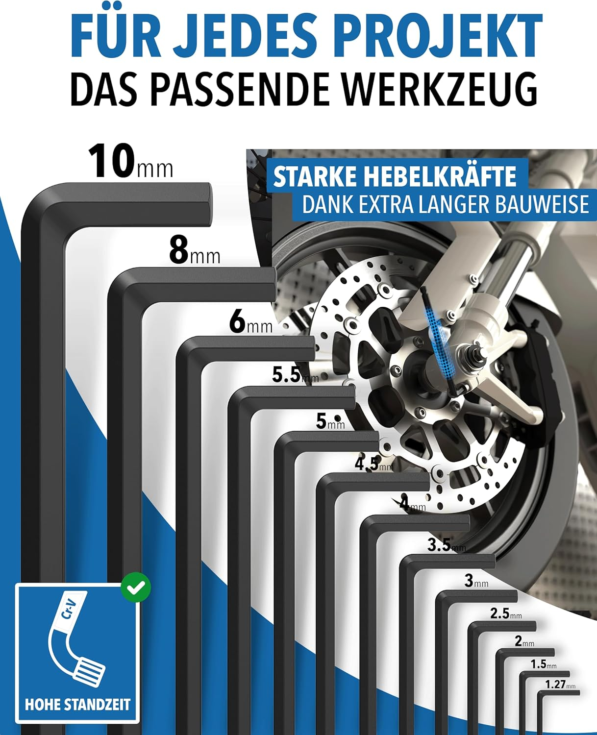 Verschiedene Innensechskantschlüssel von 1.27mm bis 10mm mit Motorrad im Hintergrund.