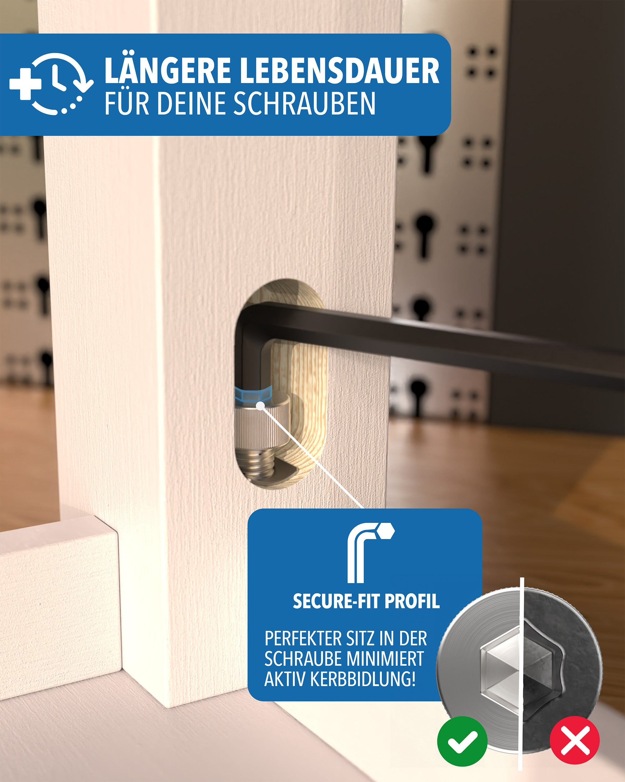 Inbusschlüssel zieht Schraube in weißer Holzmöbelverbindung fest, mit blauen Infografiken und Vergleichsbild.