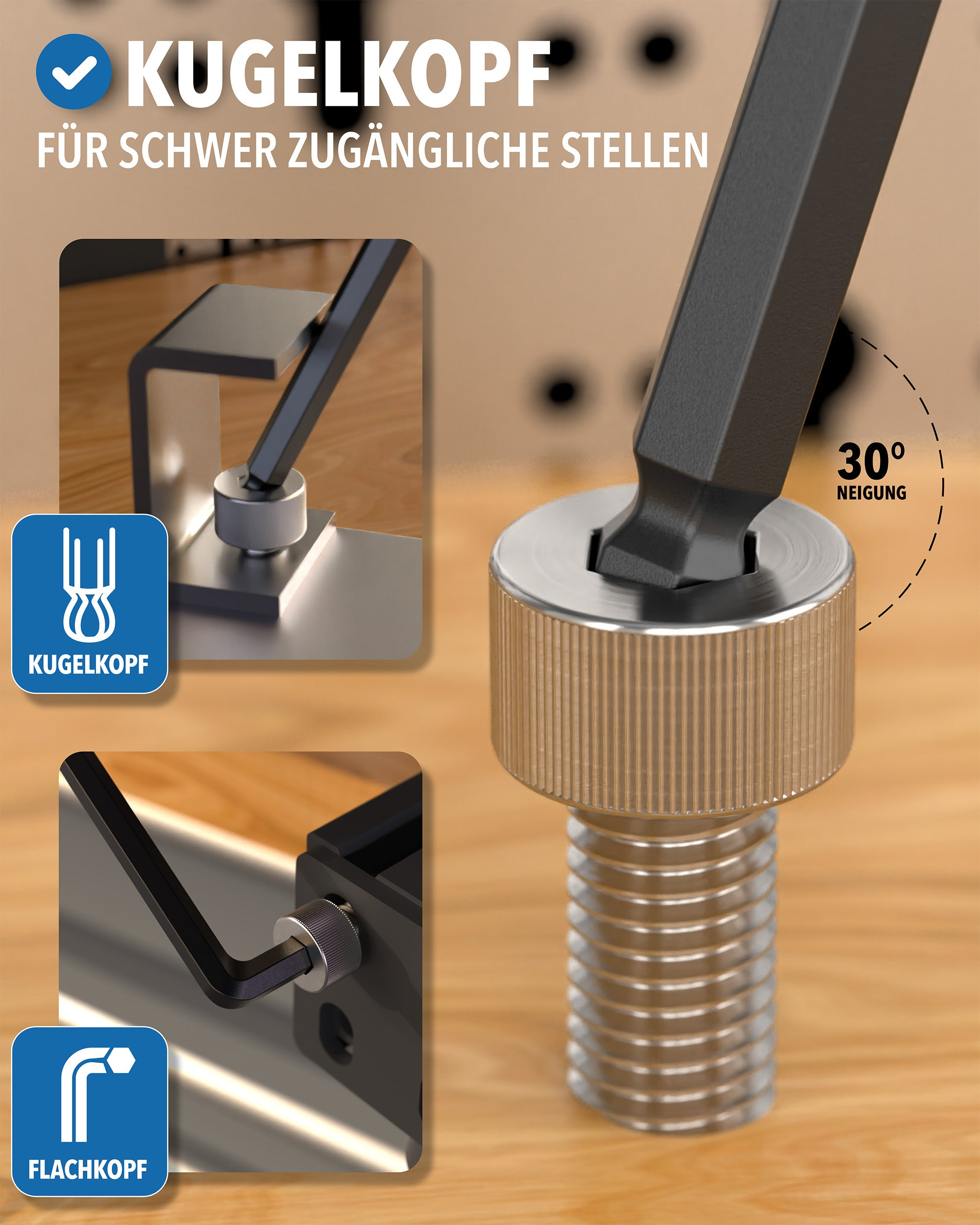 Hexagon-Schraubenschlüssel mit Kugelkopf für schwer zugängliche Stellen und 30 Grad Neigung.