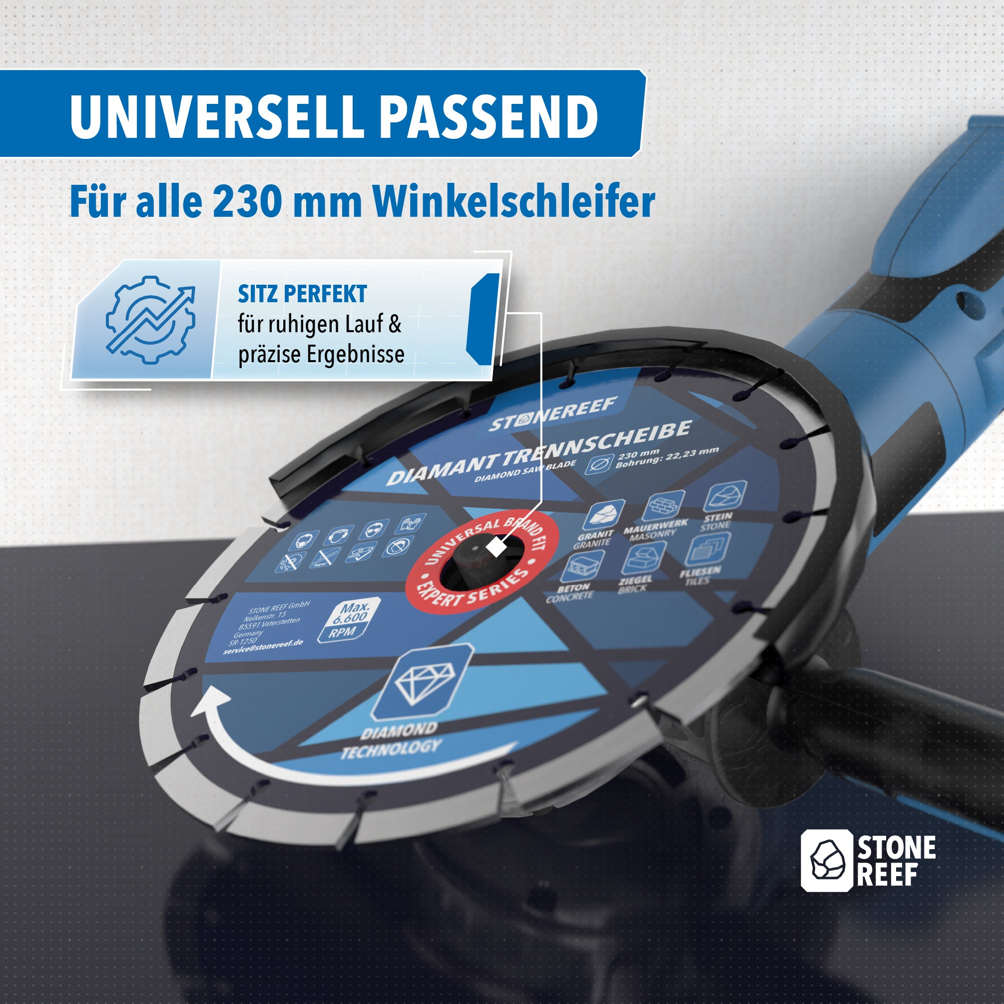 Blaue Diamant-Trennscheibe von Stone Reef auf einem blauen Winkelschleifer mit deutscher Textüberlagerung.