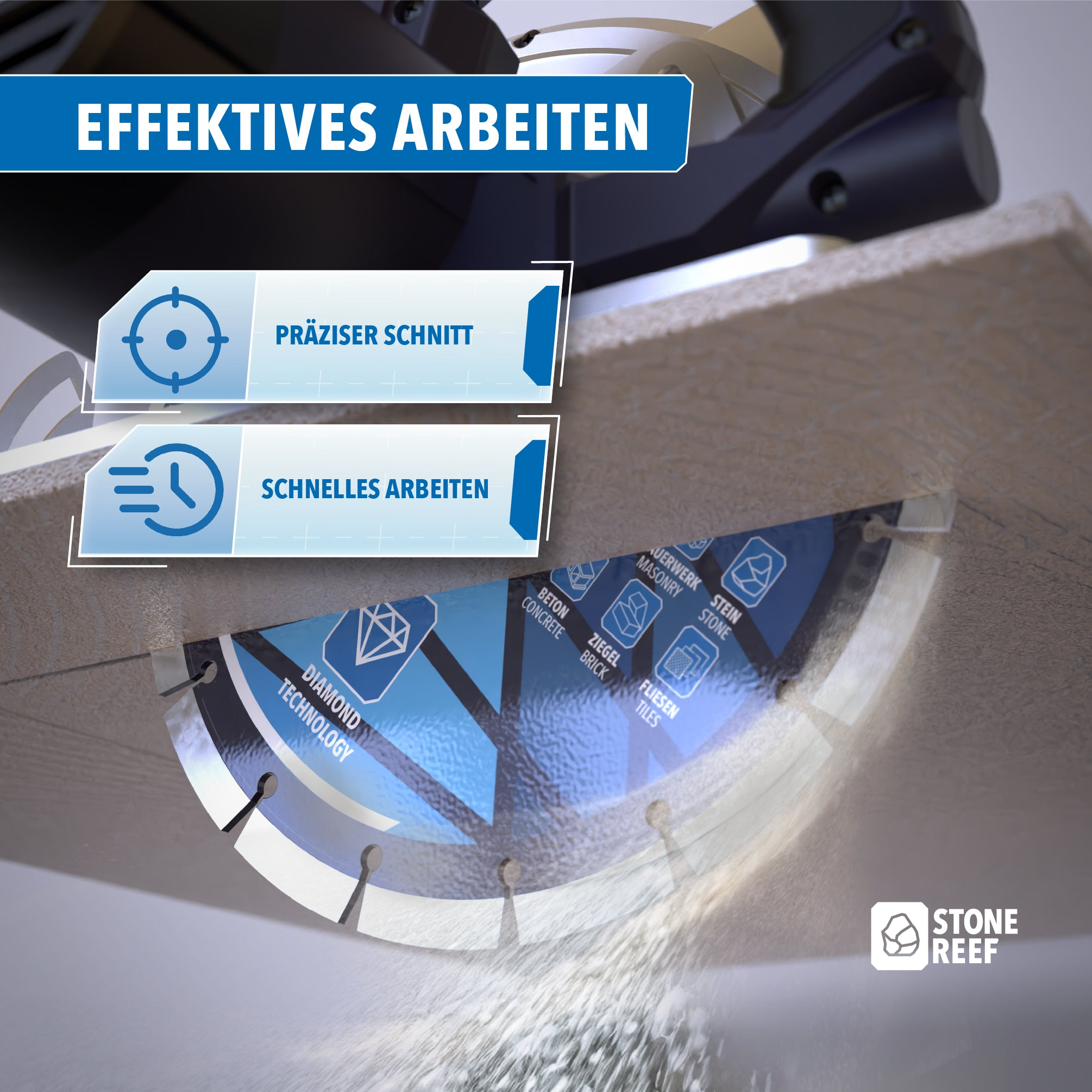 Eine Diamanttrennscheibe schneidet präzise durch ein Material und erzeugt feinen Staub.