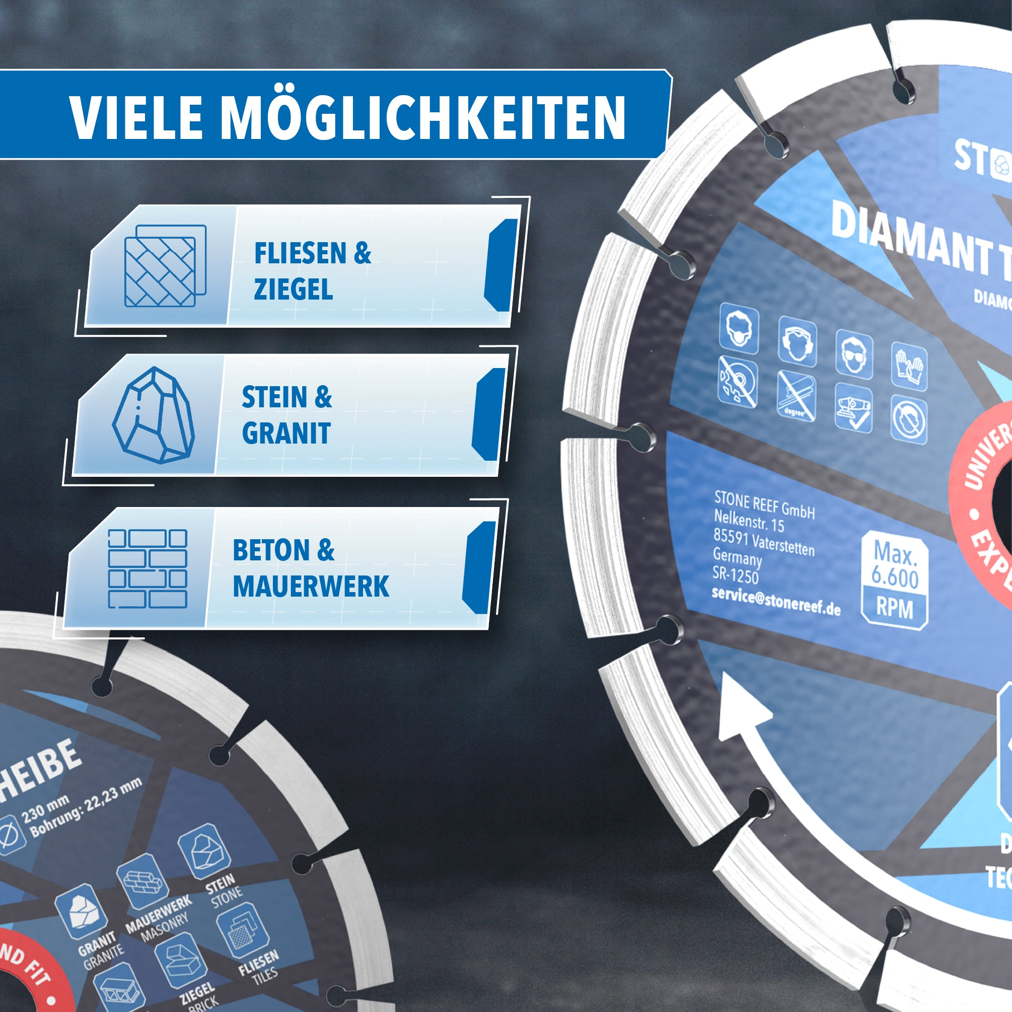 Eine Diamant-Trennscheibe mit Symbolen für verschiedene Materialien und Anwendungshinweisen auf blauem Hintergrund.