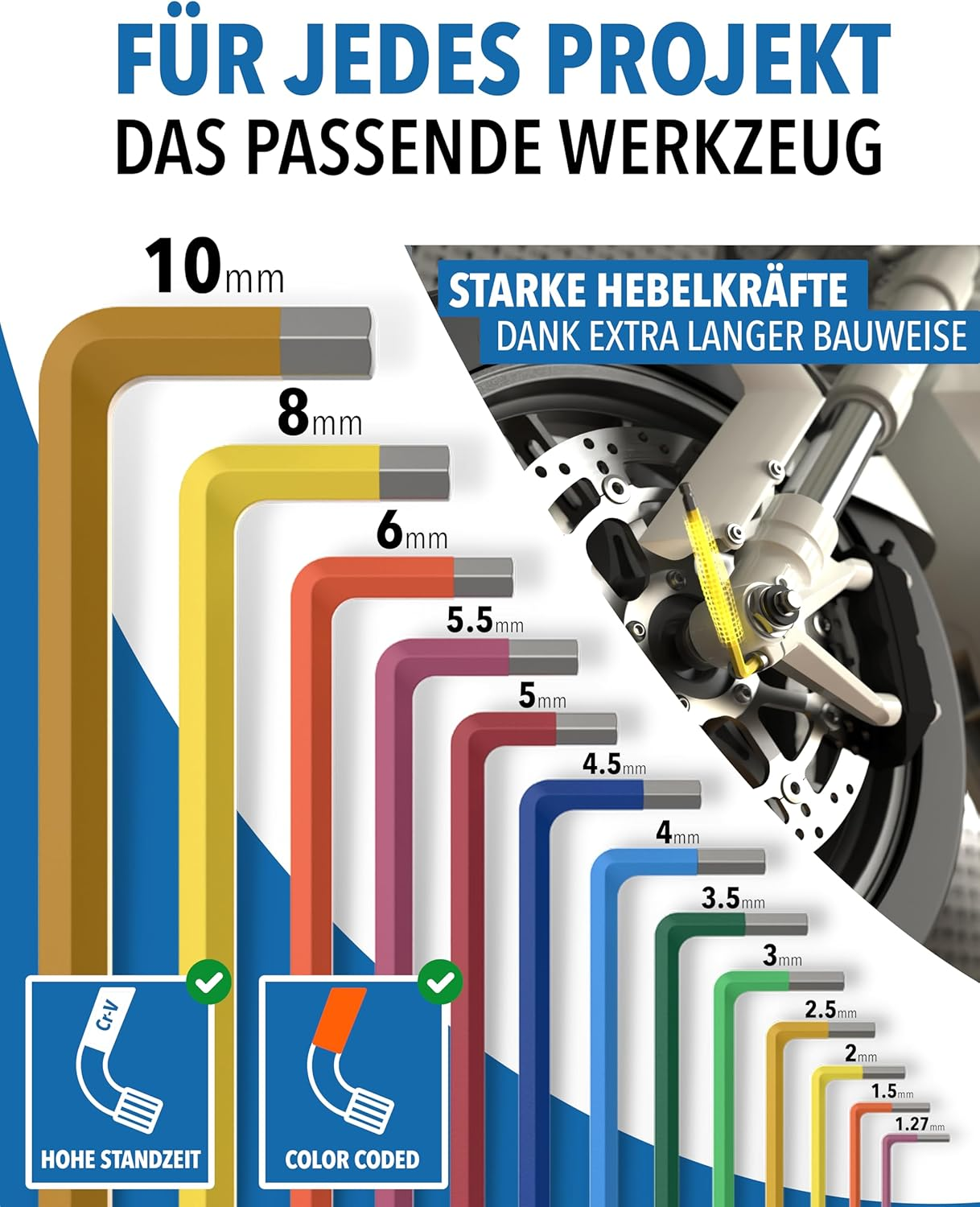 Verschiedene farbcodierte Inbusschlüssel von 1,27 mm bis 10 mm in einer Reihe.