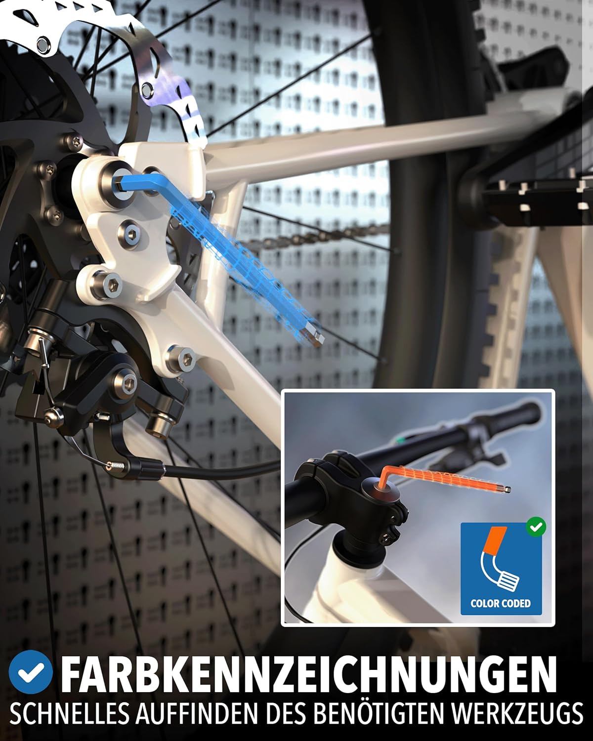 Ein weißes Fahrrad mit blauen und orangen Werkzeugen zur Farbcodierung.