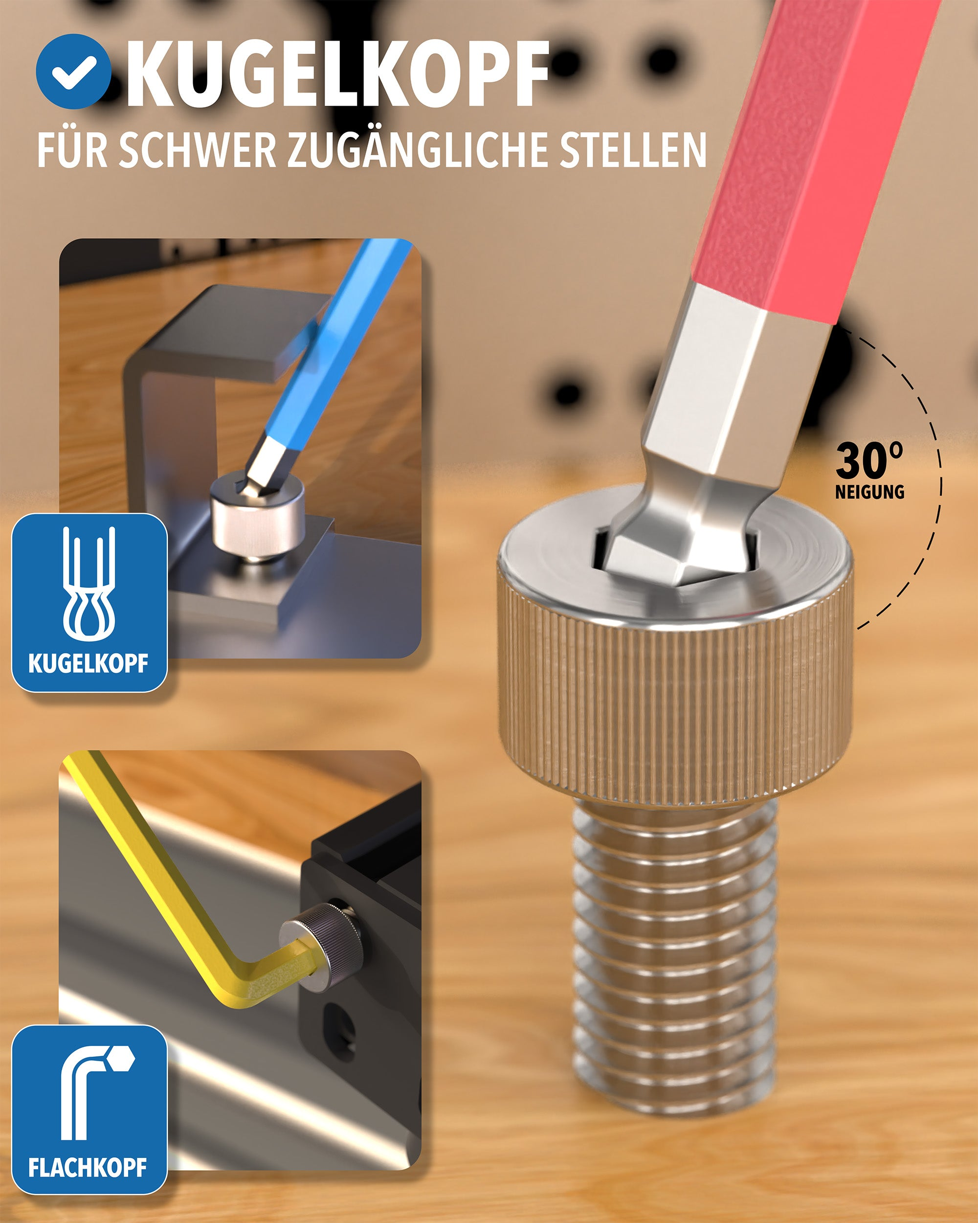 Infografik zeigt Inbusschlüssel mit Kugelkopf für 30 Grad Neigung an Schrauben.