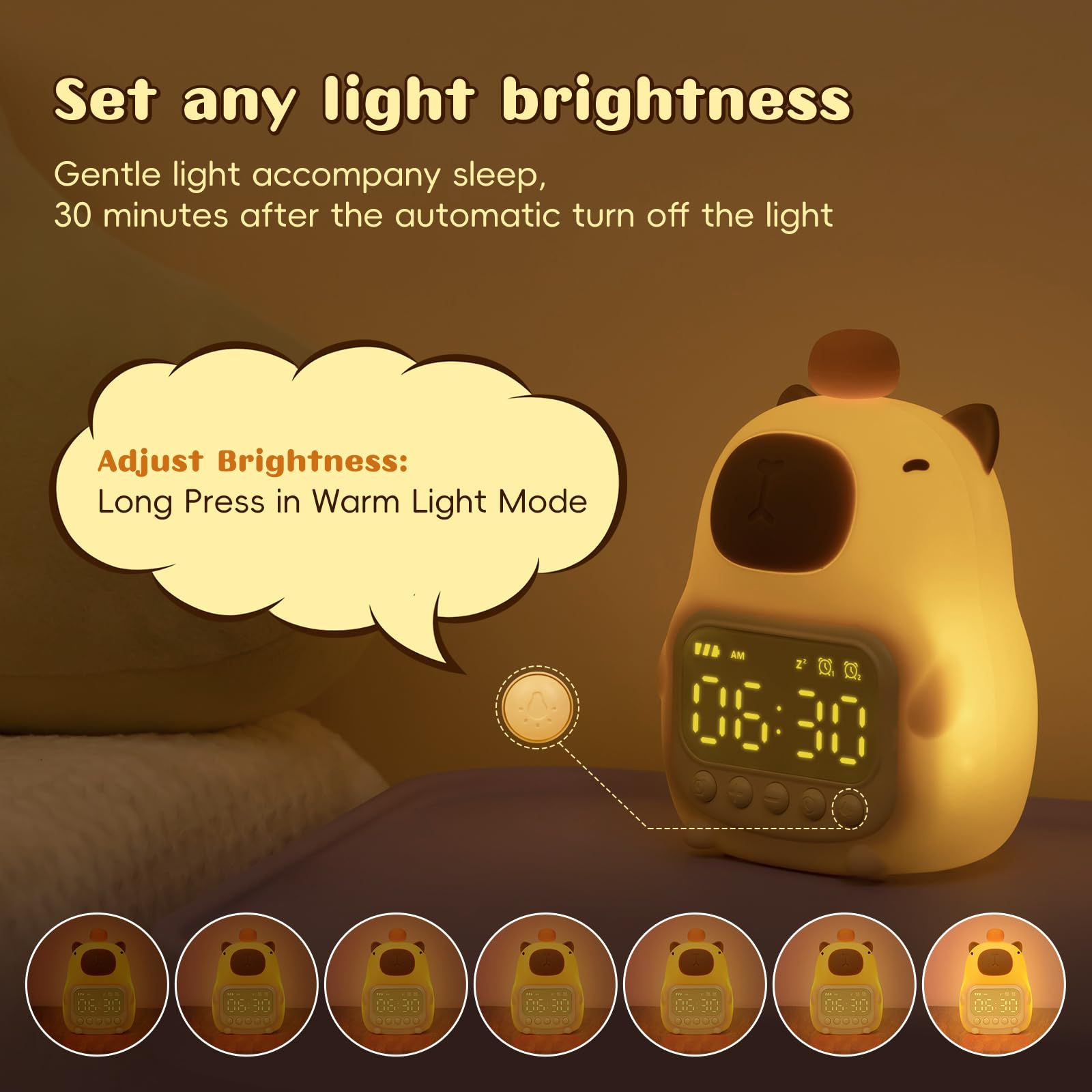 Eine gelbe, capybara-förmige Nachtlampe mit Uhr auf einem Nachttisch zeigt Helligkeitsstufen.