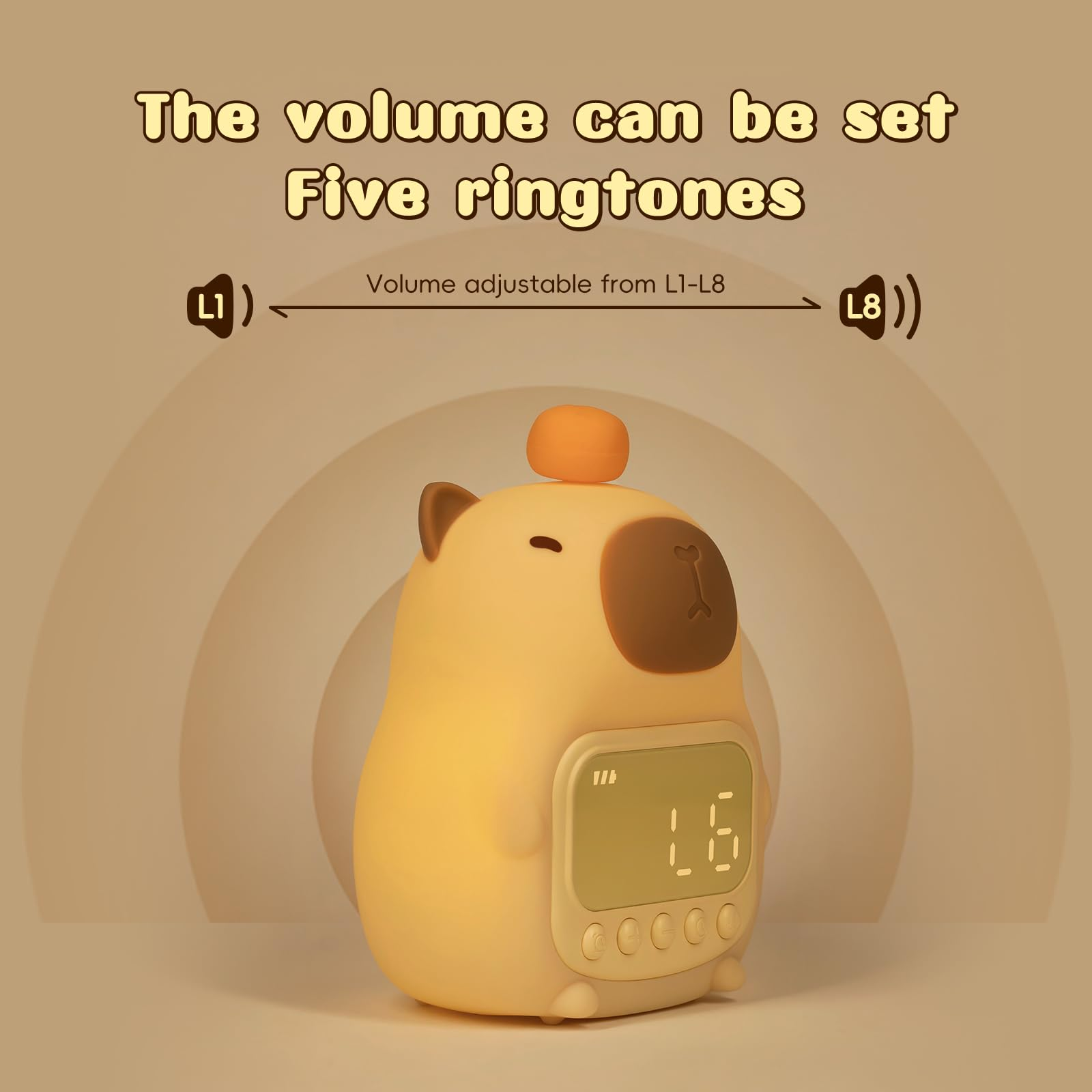 Ein gelber Capybara-Wecker mit digitalem Display und Text über verstellbare Lautstärke.