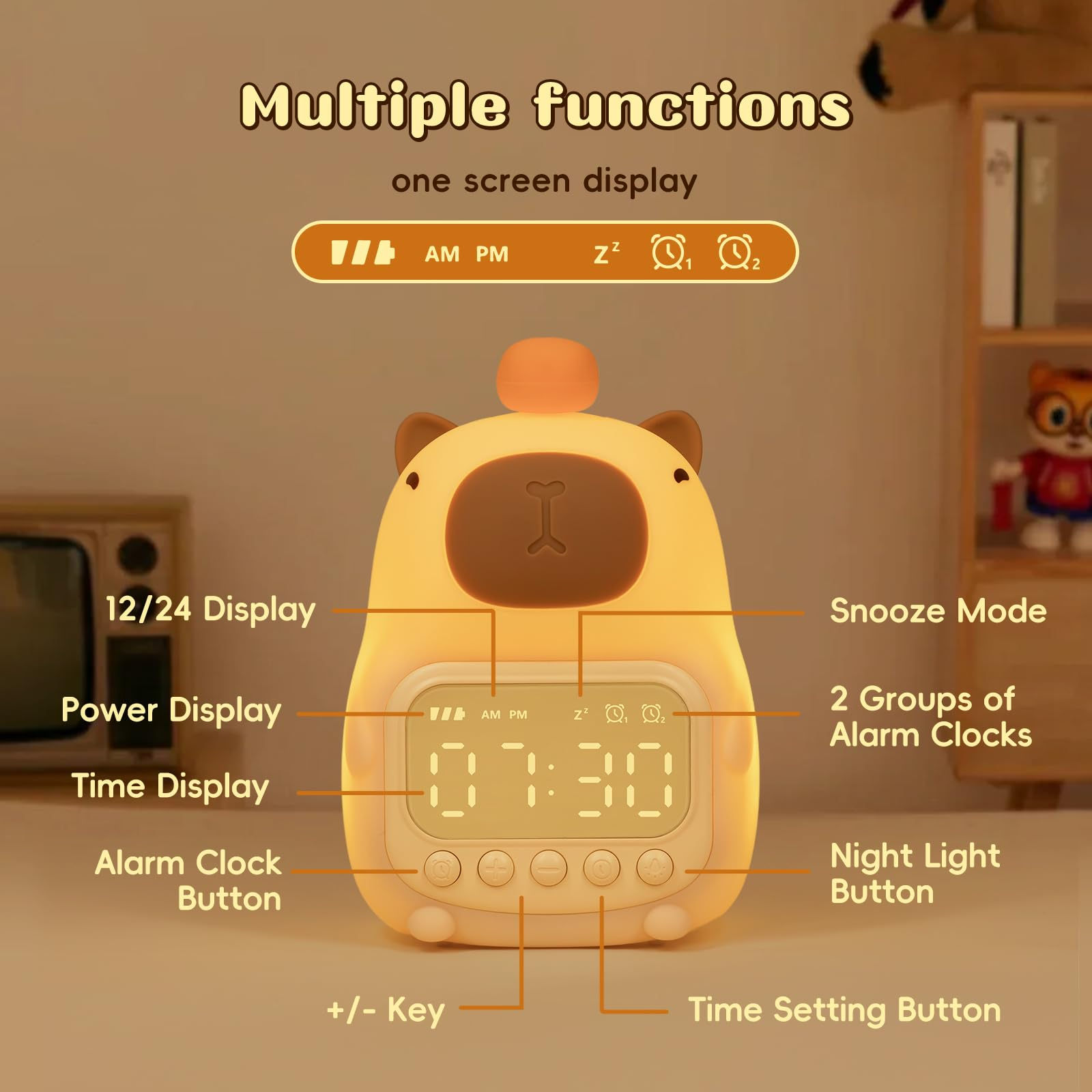 Niedliche capybara-förmige Digitaluhr mit Nachtlicht und verschiedenen Funktionsknöpfen.