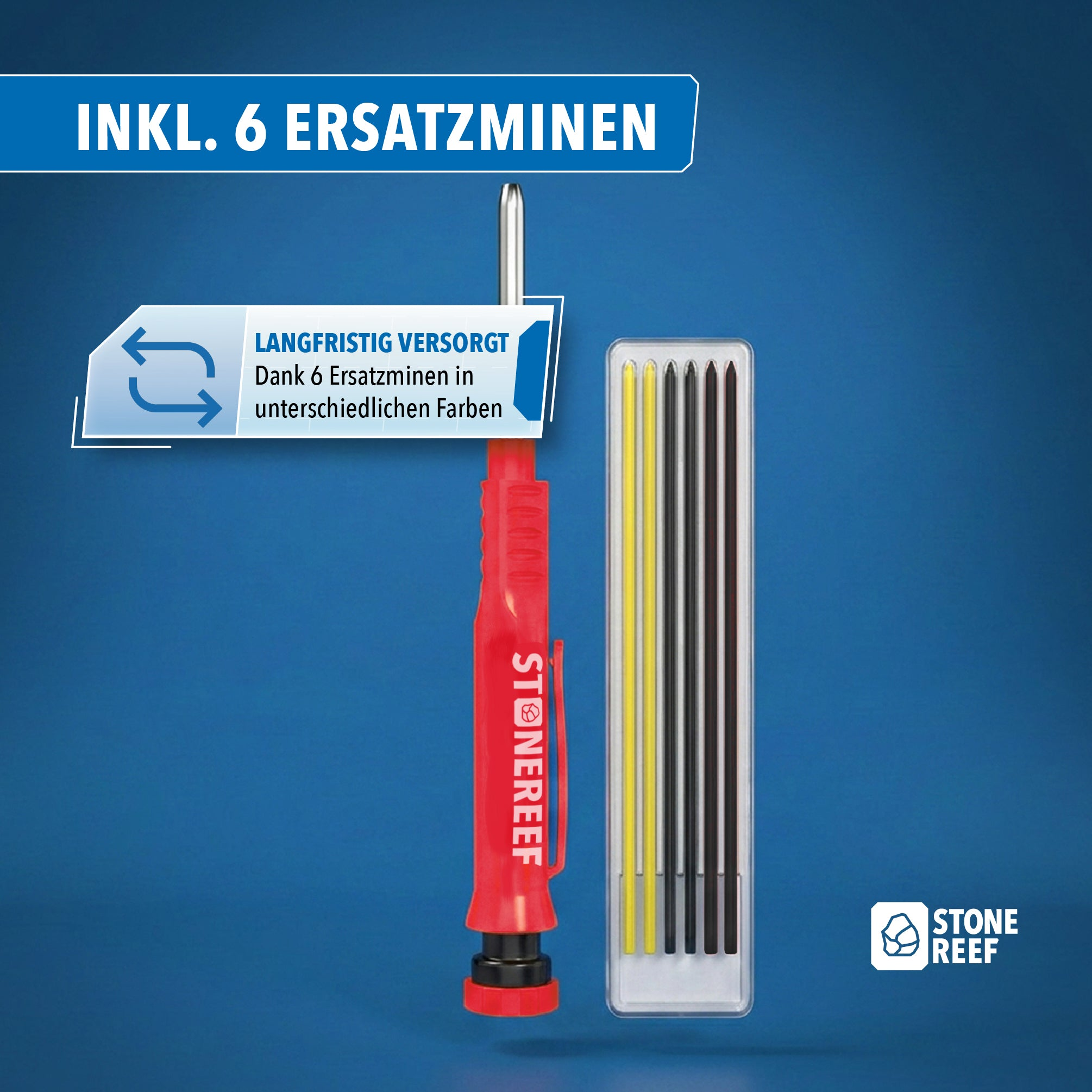 Ein roter Steinreef-Stift mit sechs bunten Ersatzminen daneben vor blauem Hintergrund.