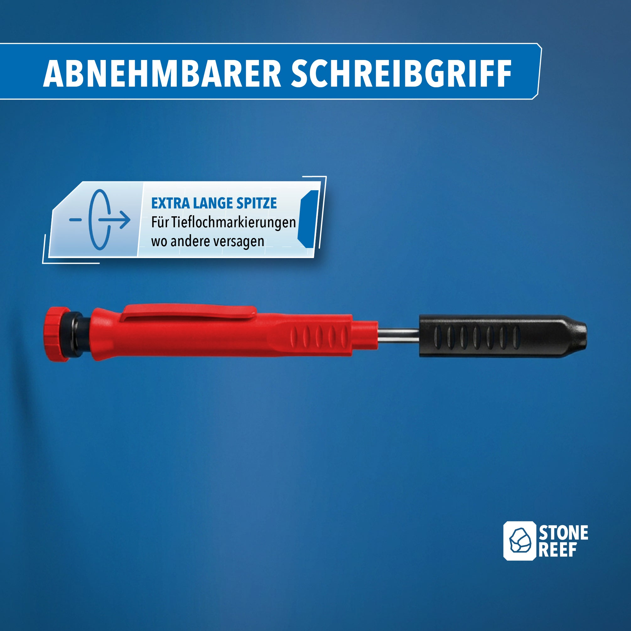 Roter Tieflochmarker mit abnehmbarem Schreibgriff auf blauem Hintergrund mit Text.