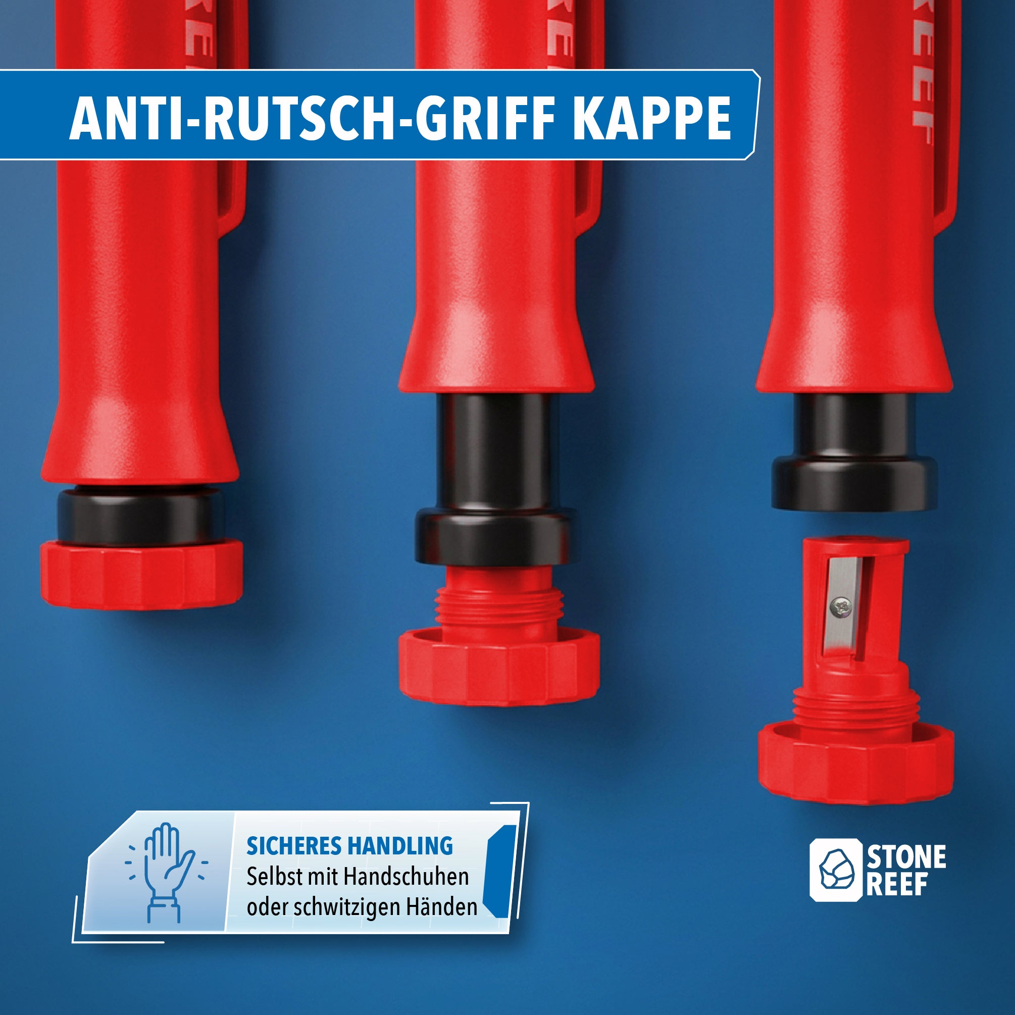 Drei rote Stifte mit schwarzem Griff, einer zeigt den integrierten Spitzer.