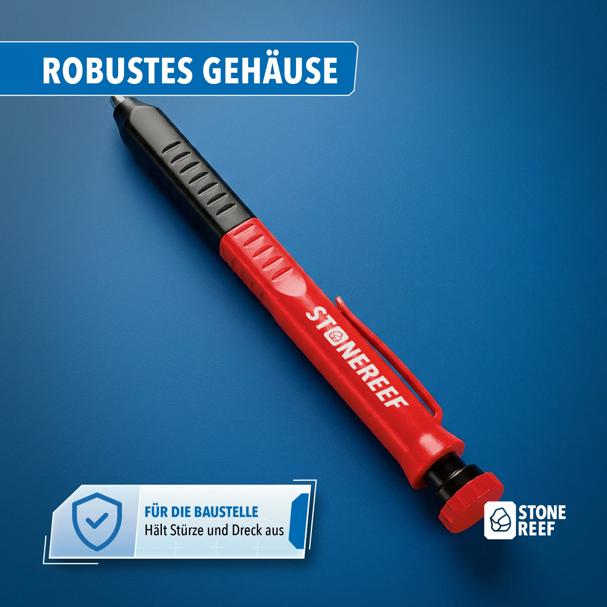 Robuster rot-schwarzer Stonereef Stift auf blauem Hintergrund mit Werbetext.