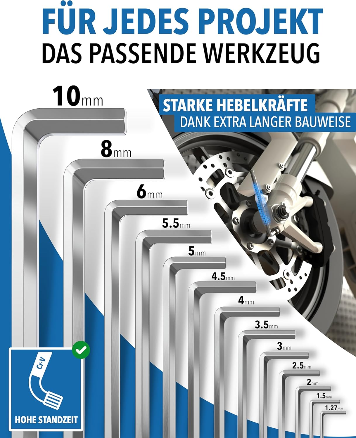 Ein Set verschiedener Inbusschlüssel von 1,27 mm bis 10 mm vor einem Motorrad-Hintergrund.