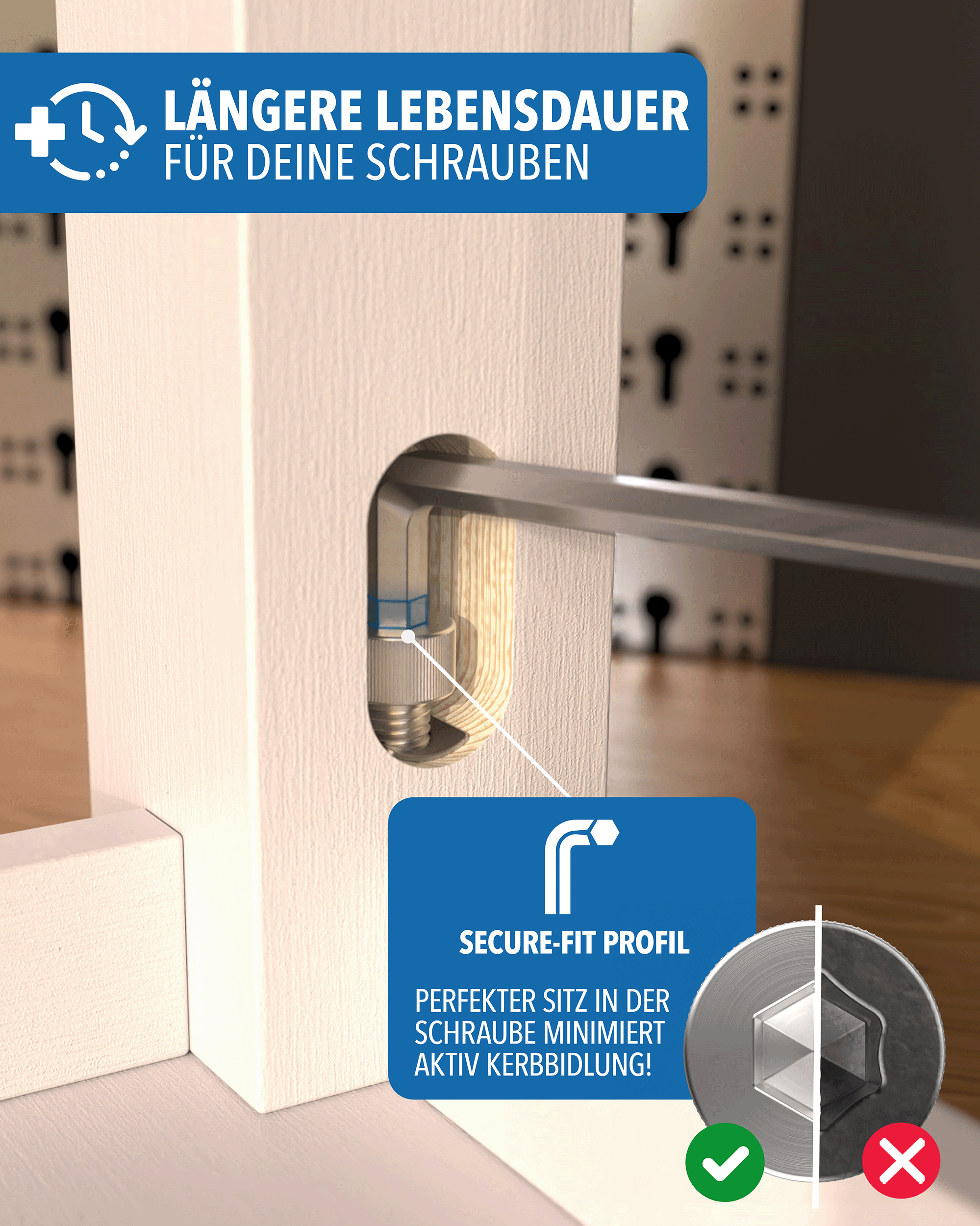 Ein Inbusschlüssel zieht eine Schraube in weißem Holz an, mit blauem Infobanner.