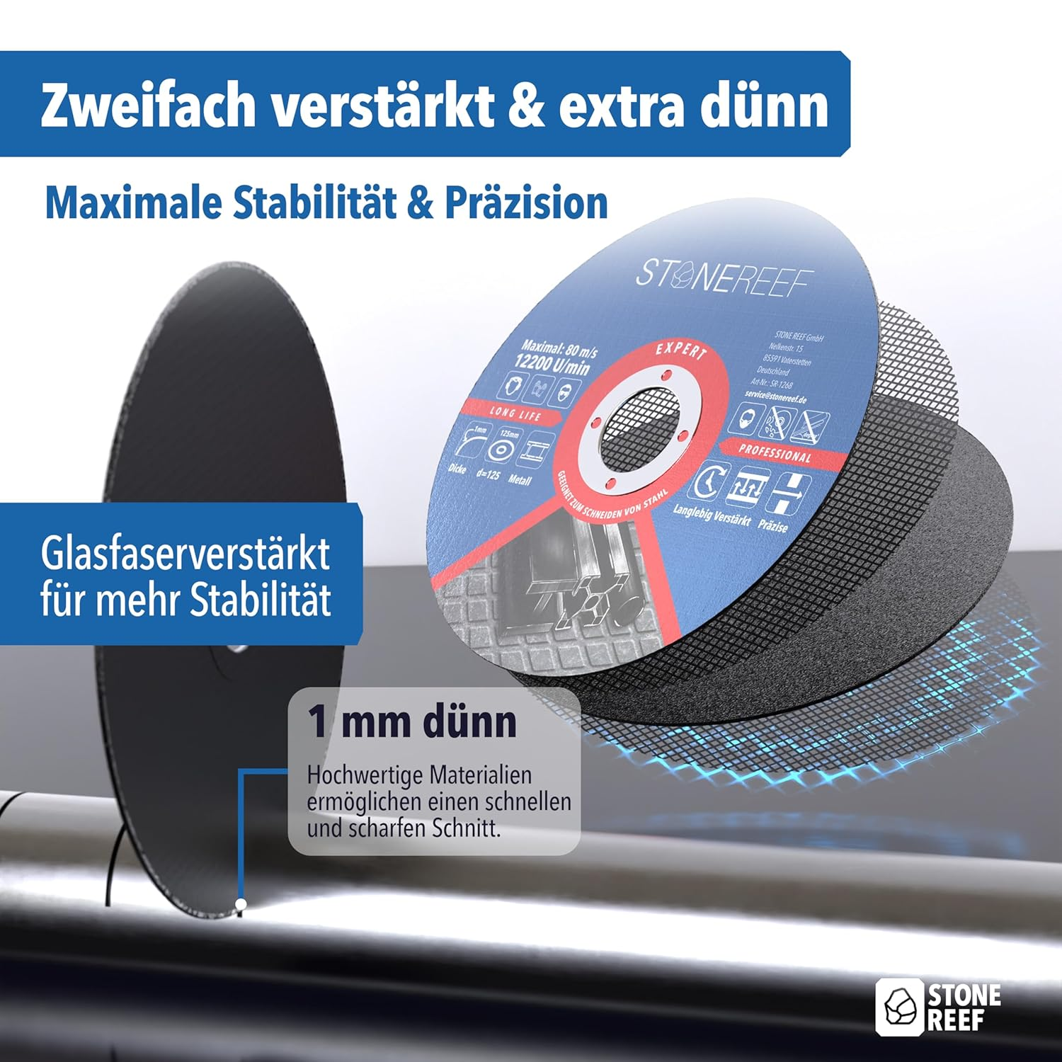 Zweifach verstärkte und 1 mm dünne Trennscheibe von Stonereef mit blauen und roten Details und Infotexten.