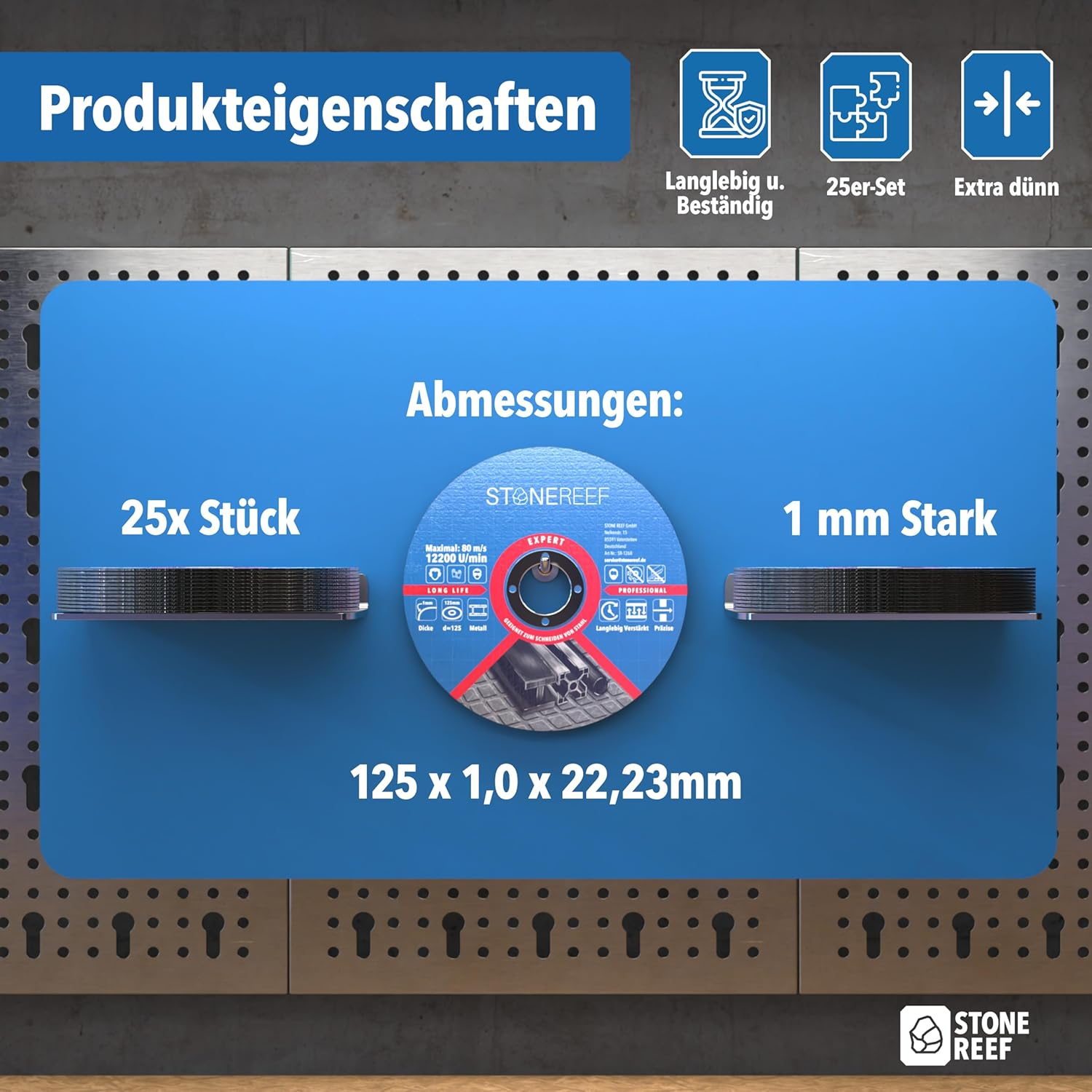 Produktmerkmale einer blauen Trennscheibe: 25er-Set, 1 mm stark, Maße 125 x 1,0 x 22,23 mm.