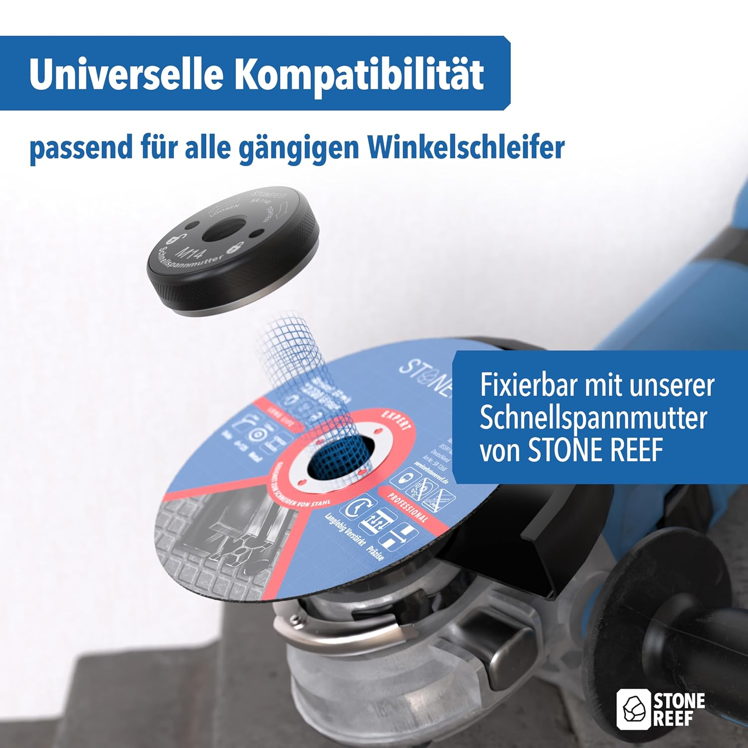 Ein Winkelschleifer mit Trennscheibe und darüber schwebender Schnellspannmutter, mit deutschem Text.