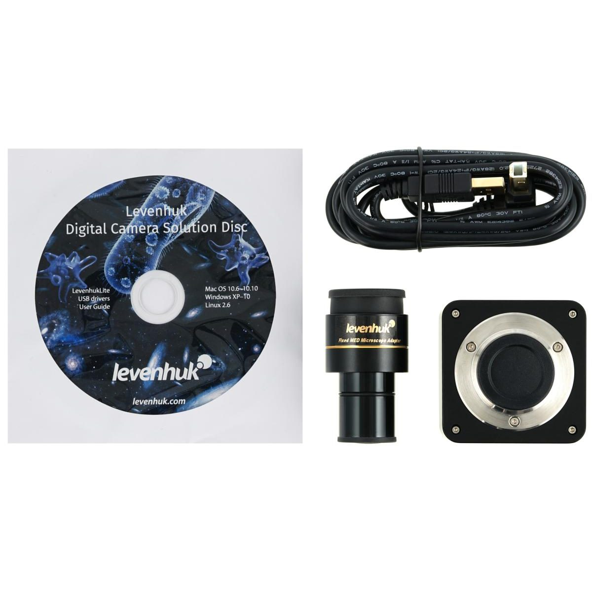 Levenhuk Digital Kamera Software-CD, USB-Kabel, Mikroskopadapter und Kameramodul.